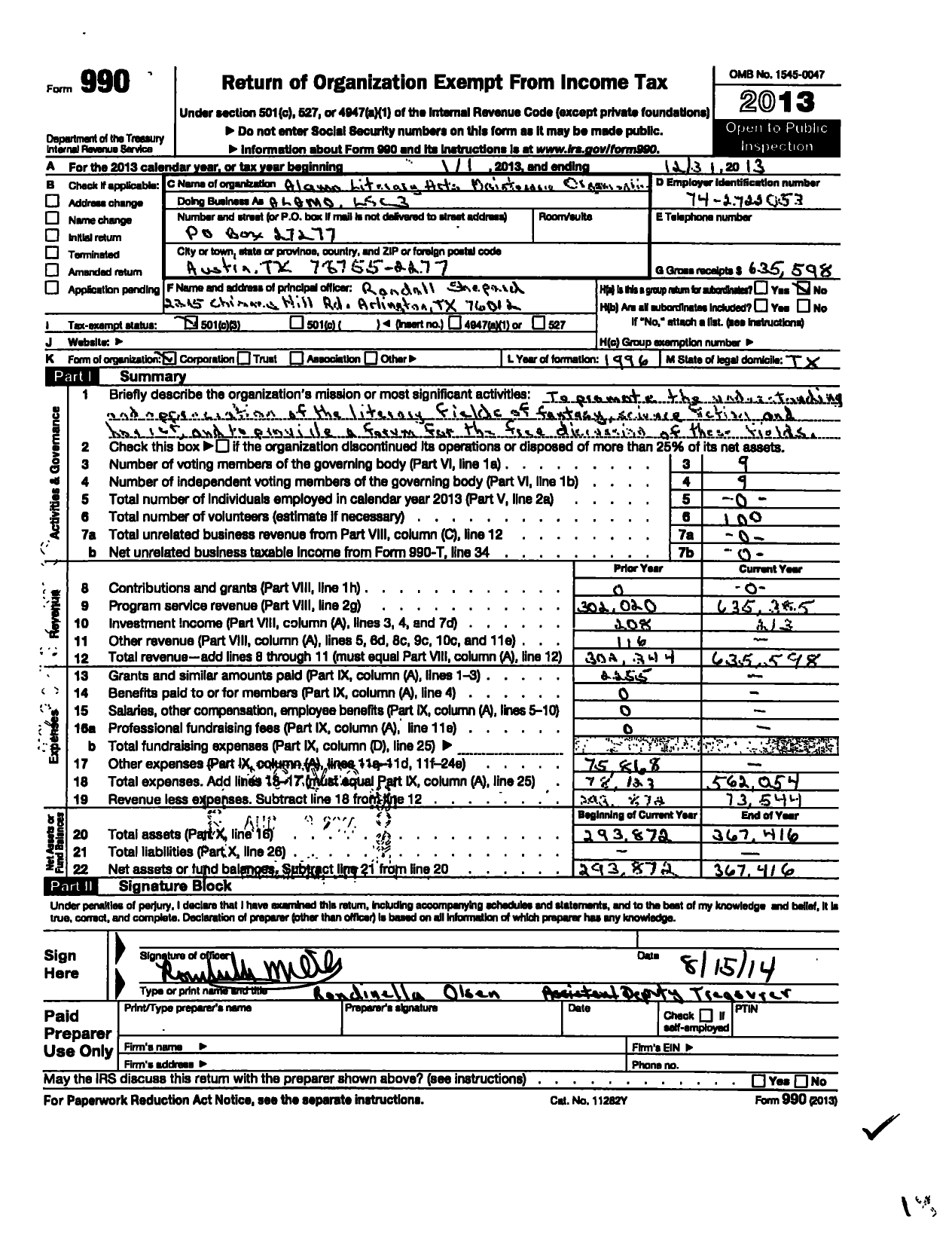 Image of first page of 2013 Form 990 for Alamo Literary Arts Maintenance Organization