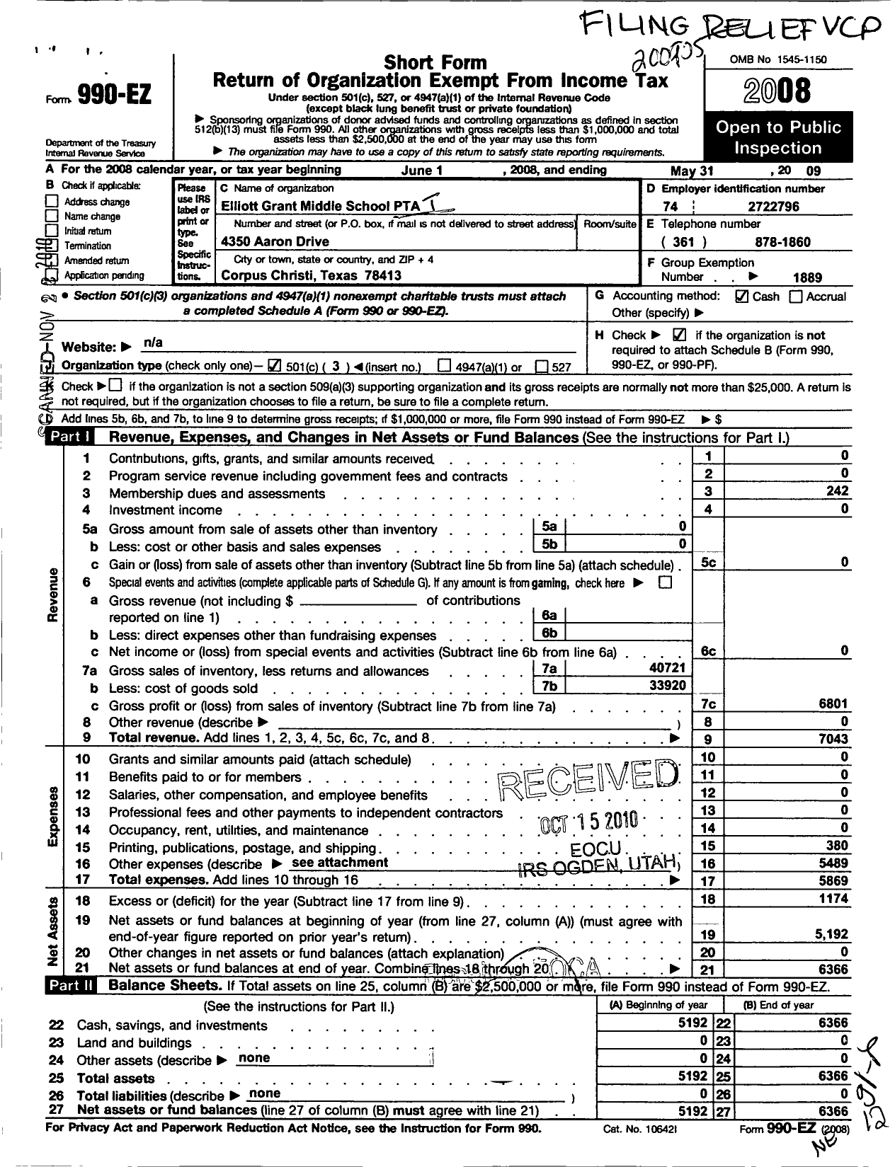 Image of first page of 2008 Form 990EZ for Texas PTA - 1741 Elliott Grant Middle School