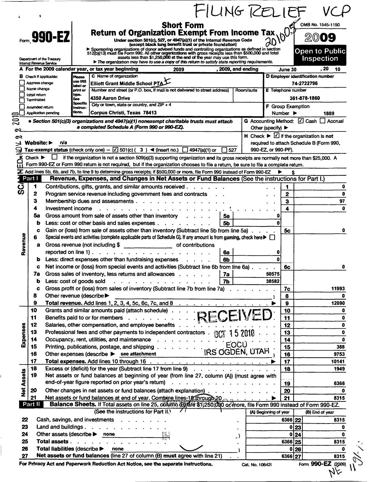 Image of first page of 2009 Form 990EZ for Texas PTA - 1741 Elliott Grant Middle School