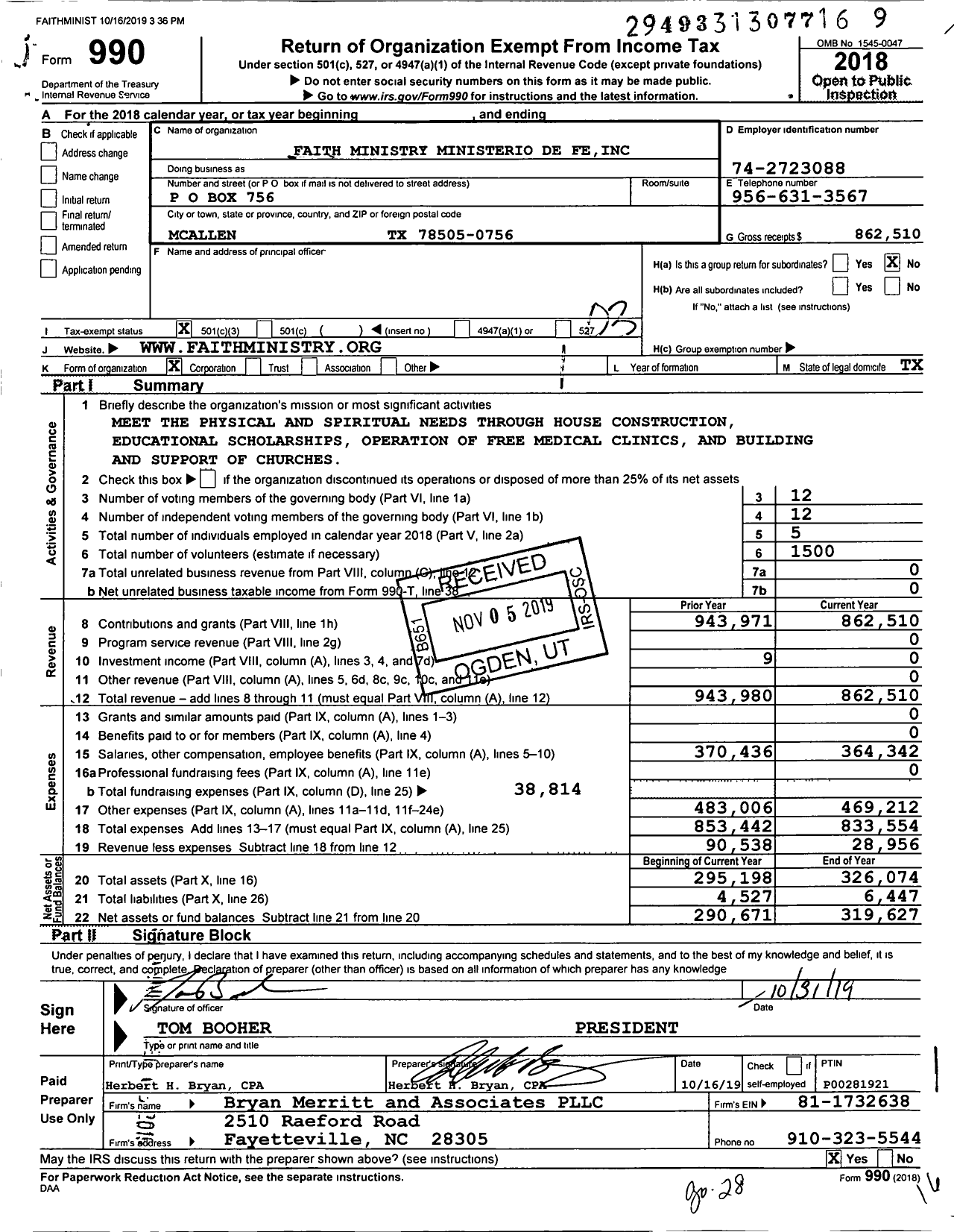 Image of first page of 2018 Form 990 for Faith Ministry Ministerio de Fe