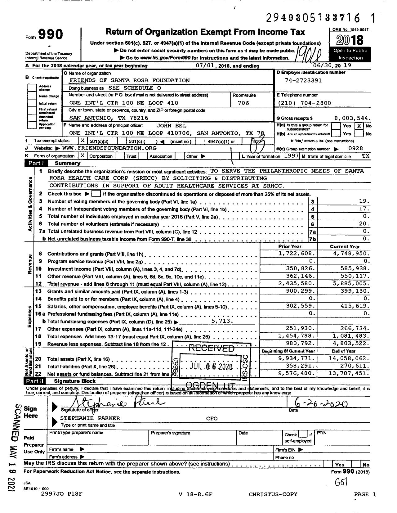 Image of first page of 2018 Form 990 for Friends of Santa Rosa Foundation