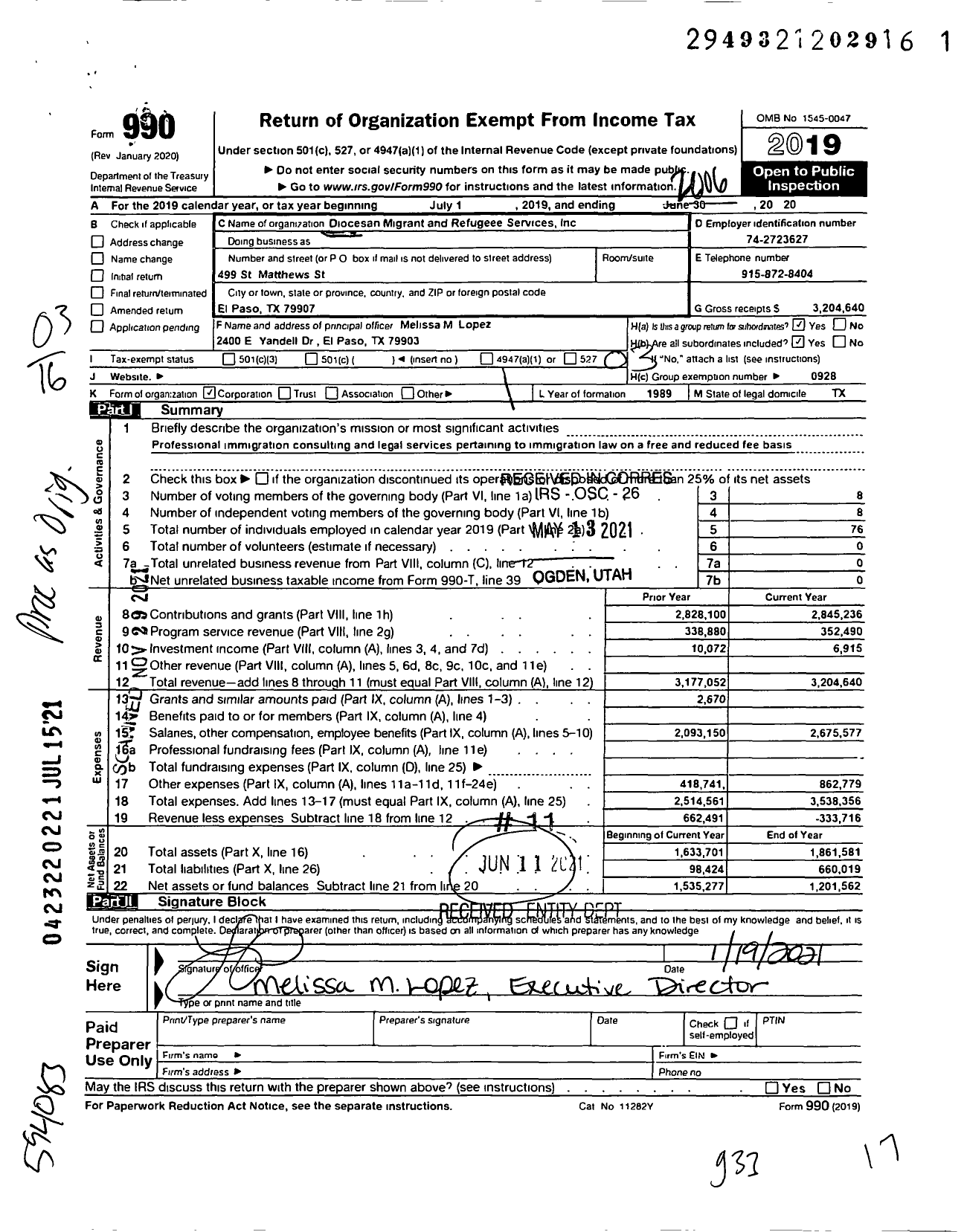 Image of first page of 2019 Form 990 for Diocesan Migrant and Refugee Services