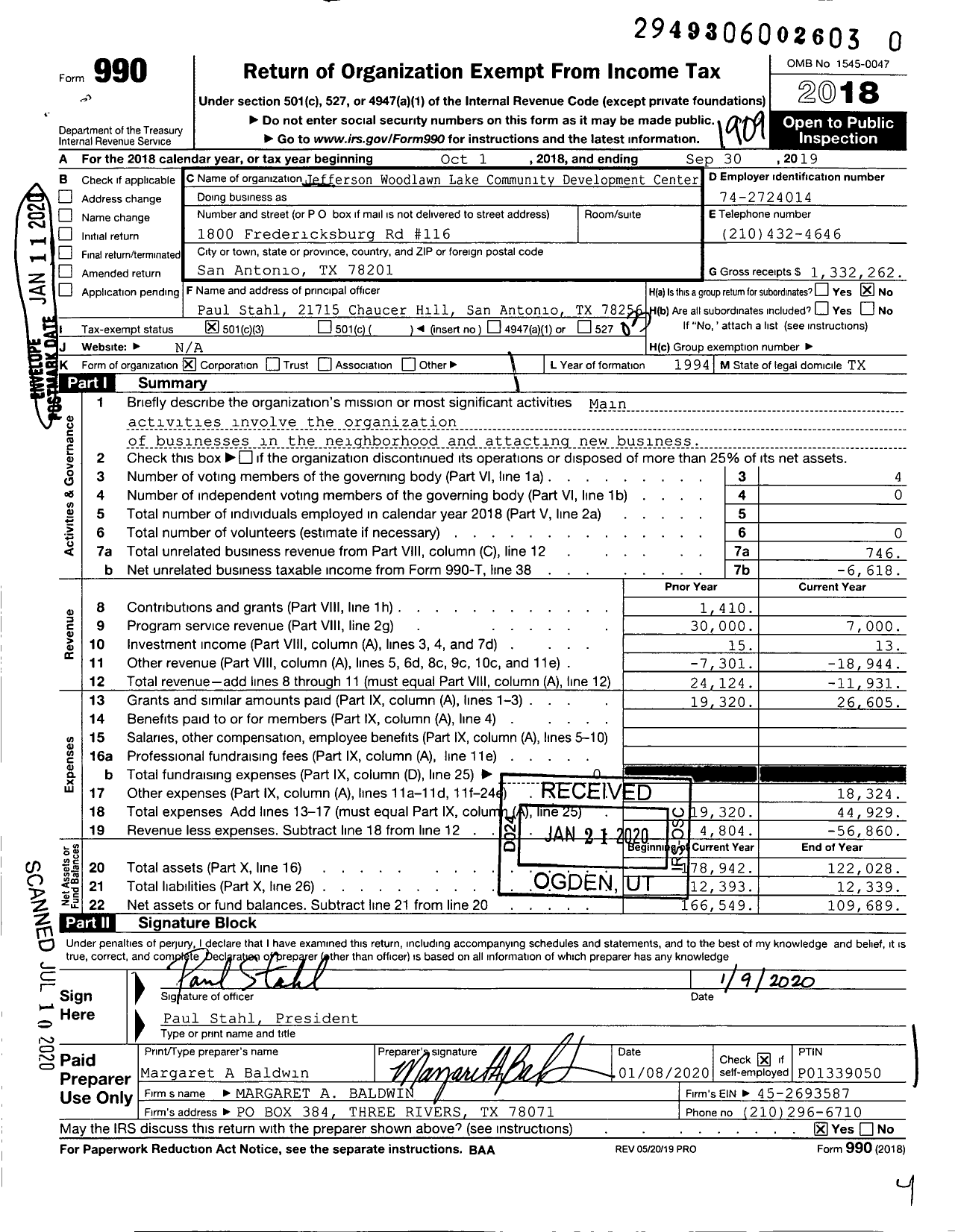 Image of first page of 2018 Form 990 for Jefferson Woodlawn Lake Community Development Corporation