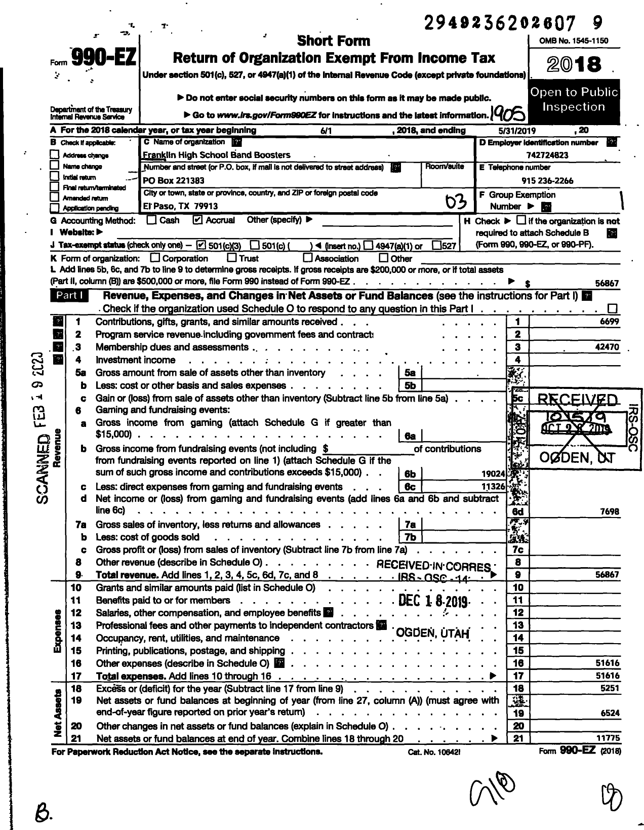 Image of first page of 2018 Form 990EZ for Franklin High School Band Boosters