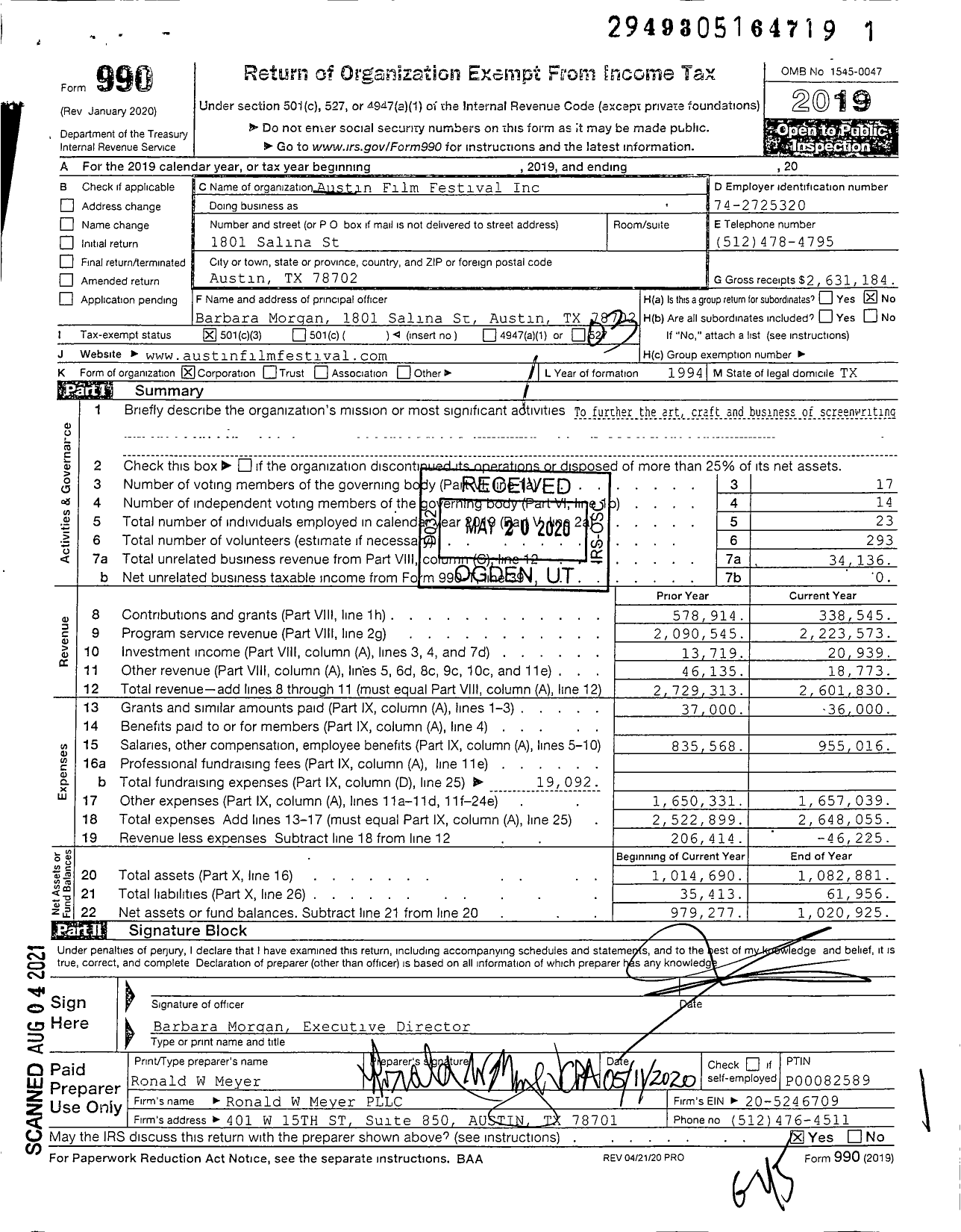 Image of first page of 2019 Form 990 for Austin Film Festival (AFF)