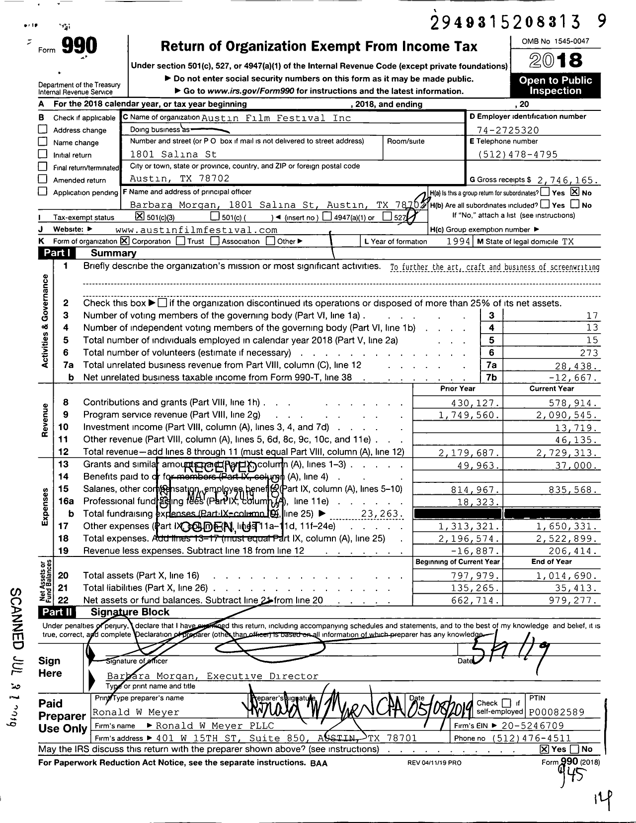 Image of first page of 2018 Form 990 for Austin Film Festival (AFF)