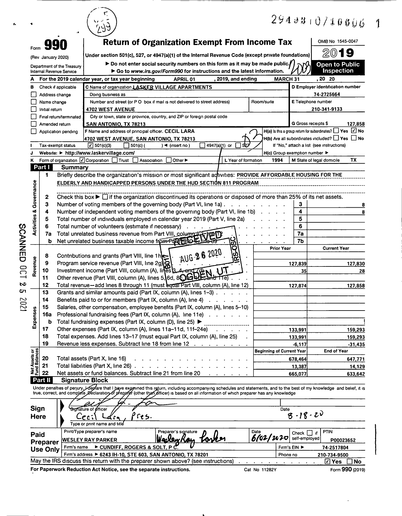 Image of first page of 2019 Form 990 for Lasker Village Apartments