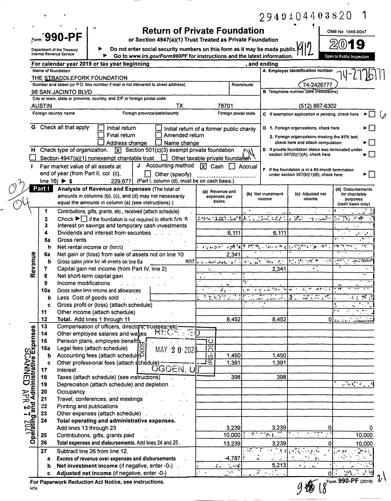 Image of first page of 2019 Form 990PF for The Straddlefork Foundation