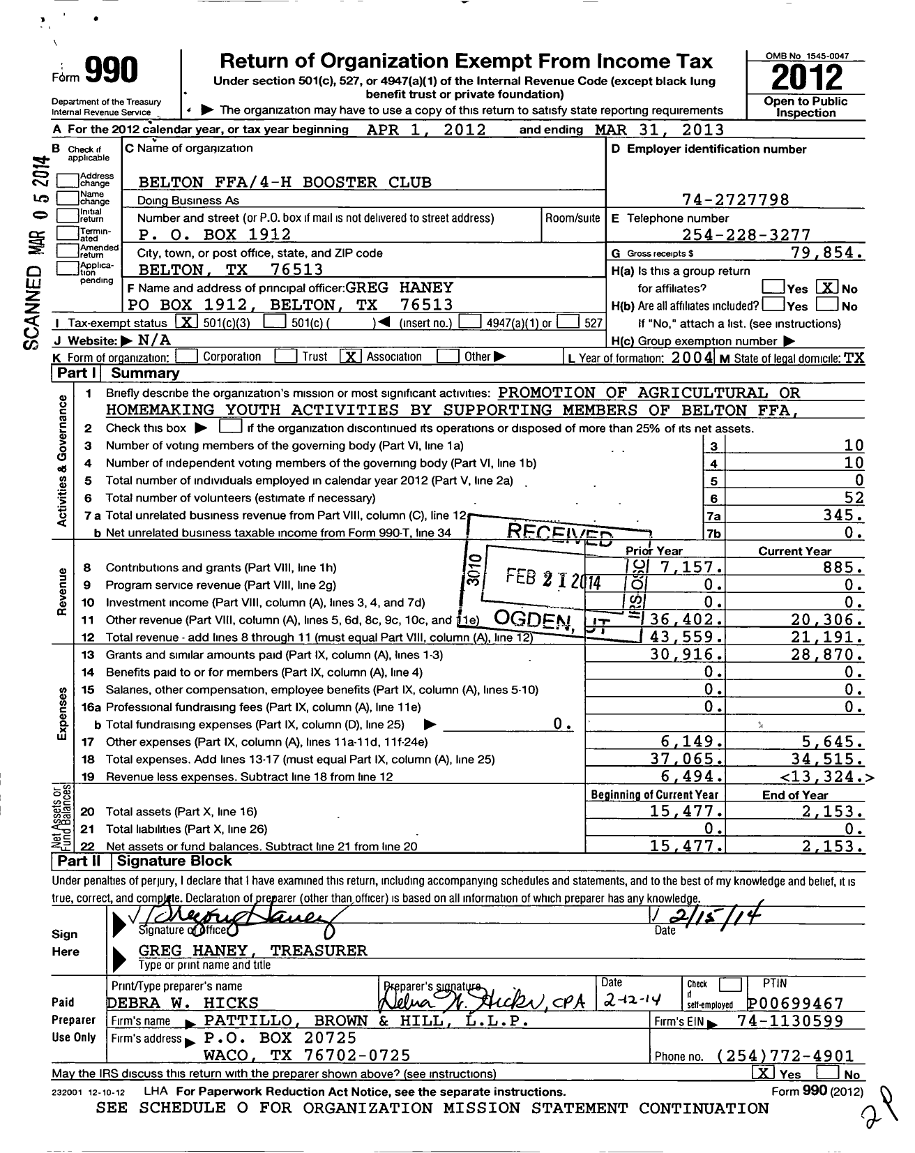 Image of first page of 2012 Form 990 for Belton Ffa4-H Booster Club