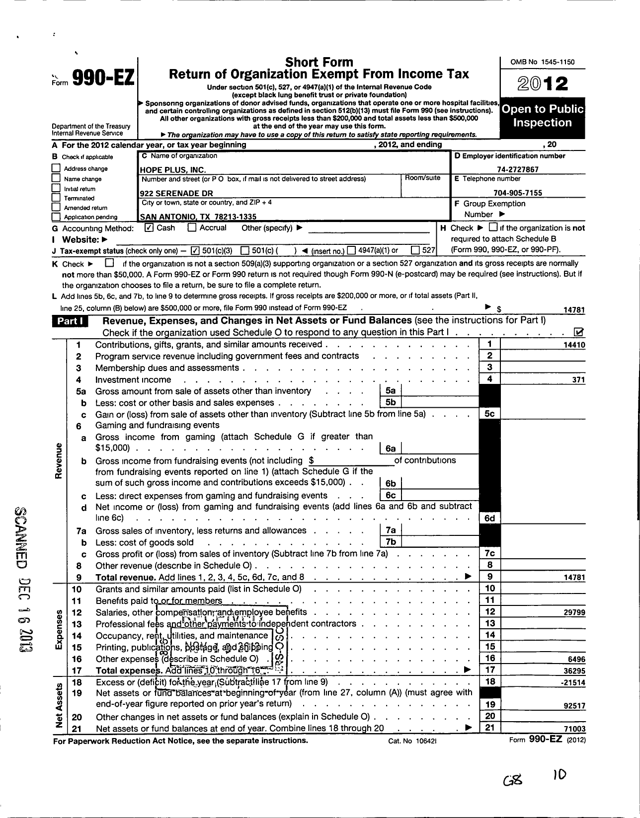 Image of first page of 2012 Form 990EZ for Hope Plus