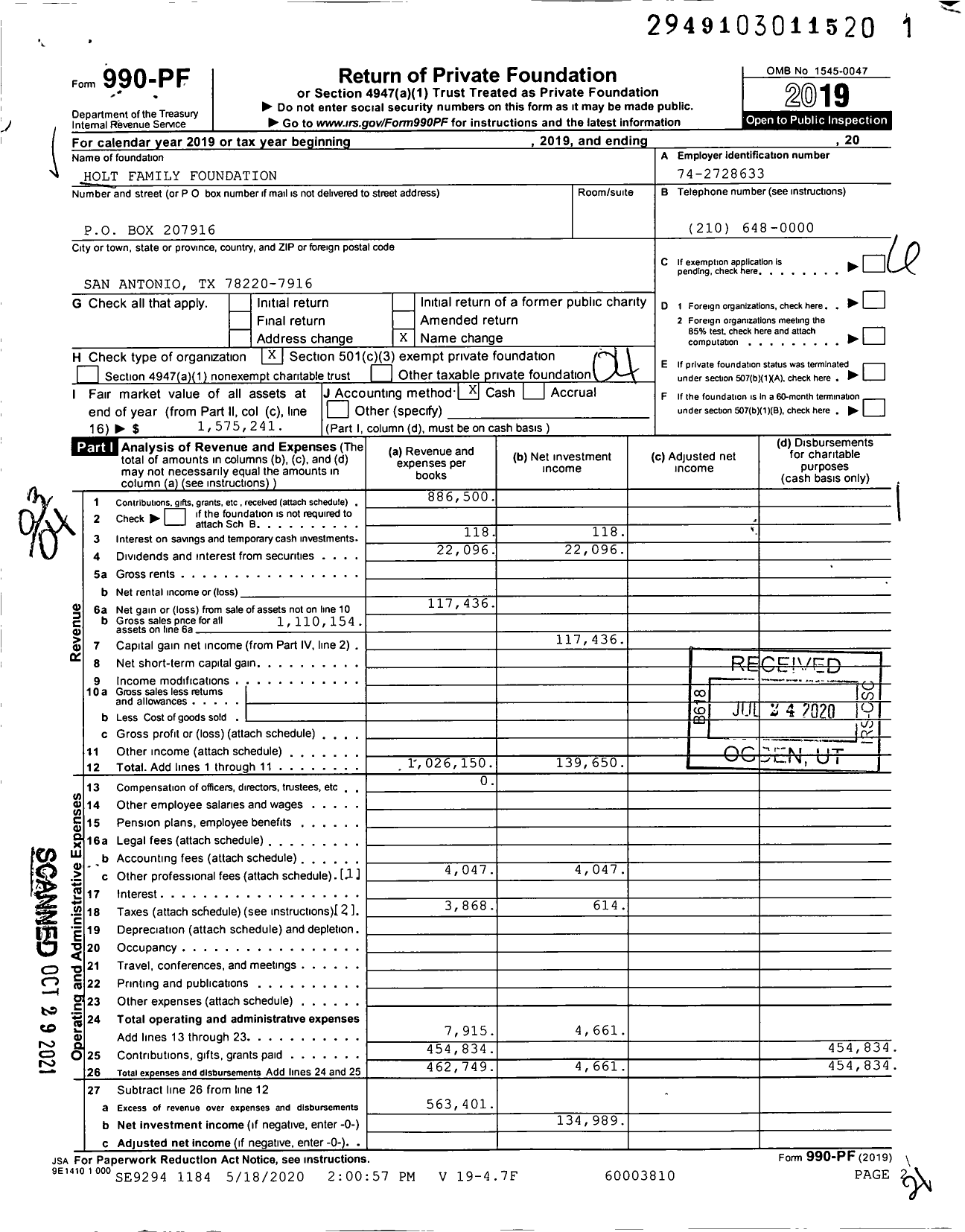 Image of first page of 2019 Form 990PF for Holt Family Foundation