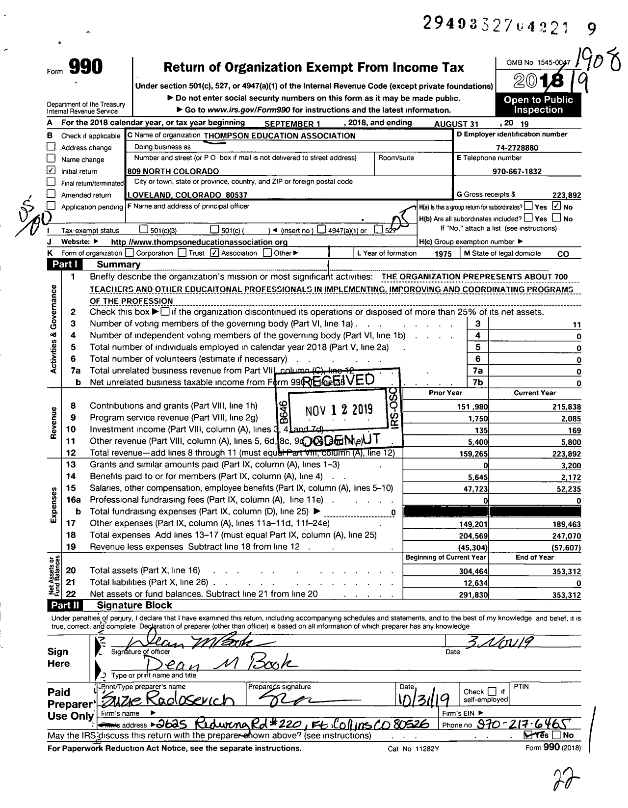 Image of first page of 2018 Form 990O for Thompson Education Association