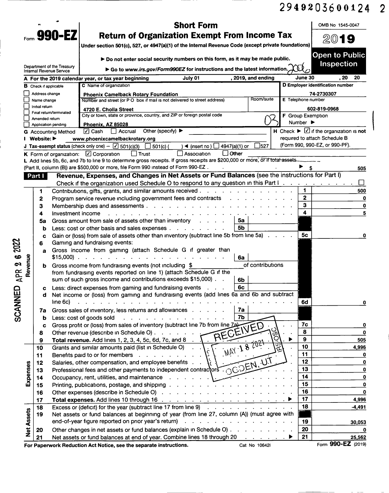 Image of first page of 2019 Form 990EZ for Phoenix Camelback Rotary Foundation