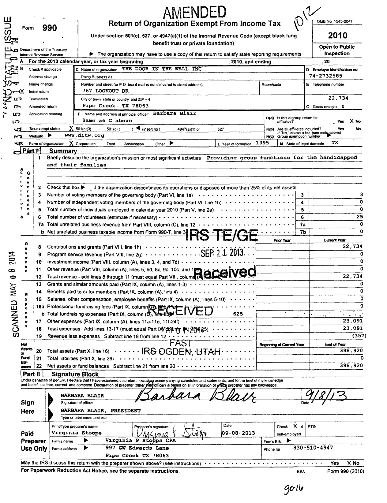 Image of first page of 2010 Form 990 for The Door in the Wall