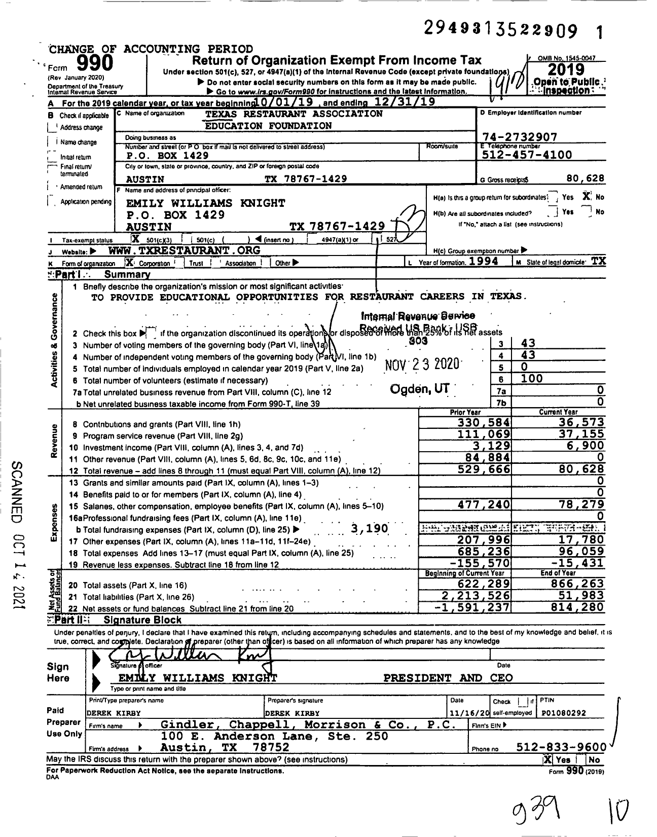 Image of first page of 2019 Form 990 for Texas Restaurant Foundation