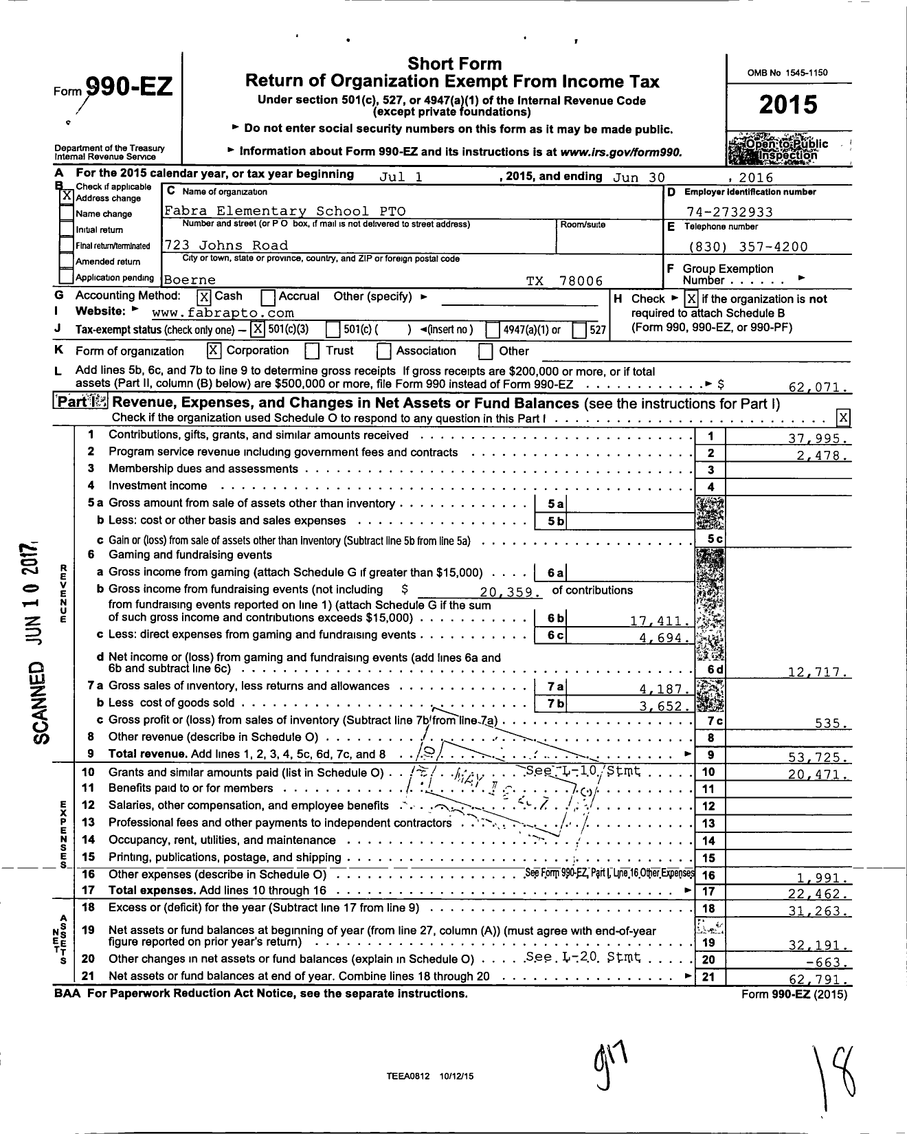 Image of first page of 2015 Form 990EZ for Fabra Elementary School PTO
