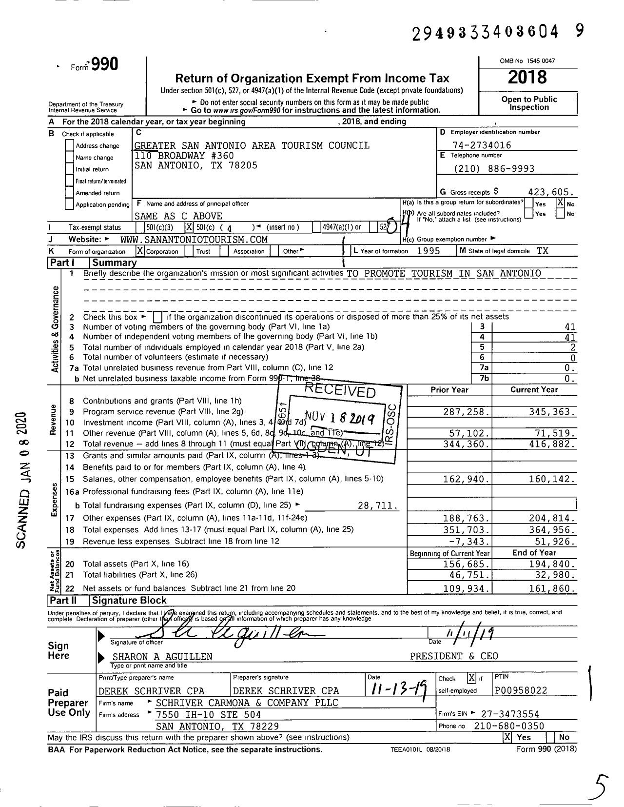Image of first page of 2018 Form 990O for San Antonio Visitor Alliance