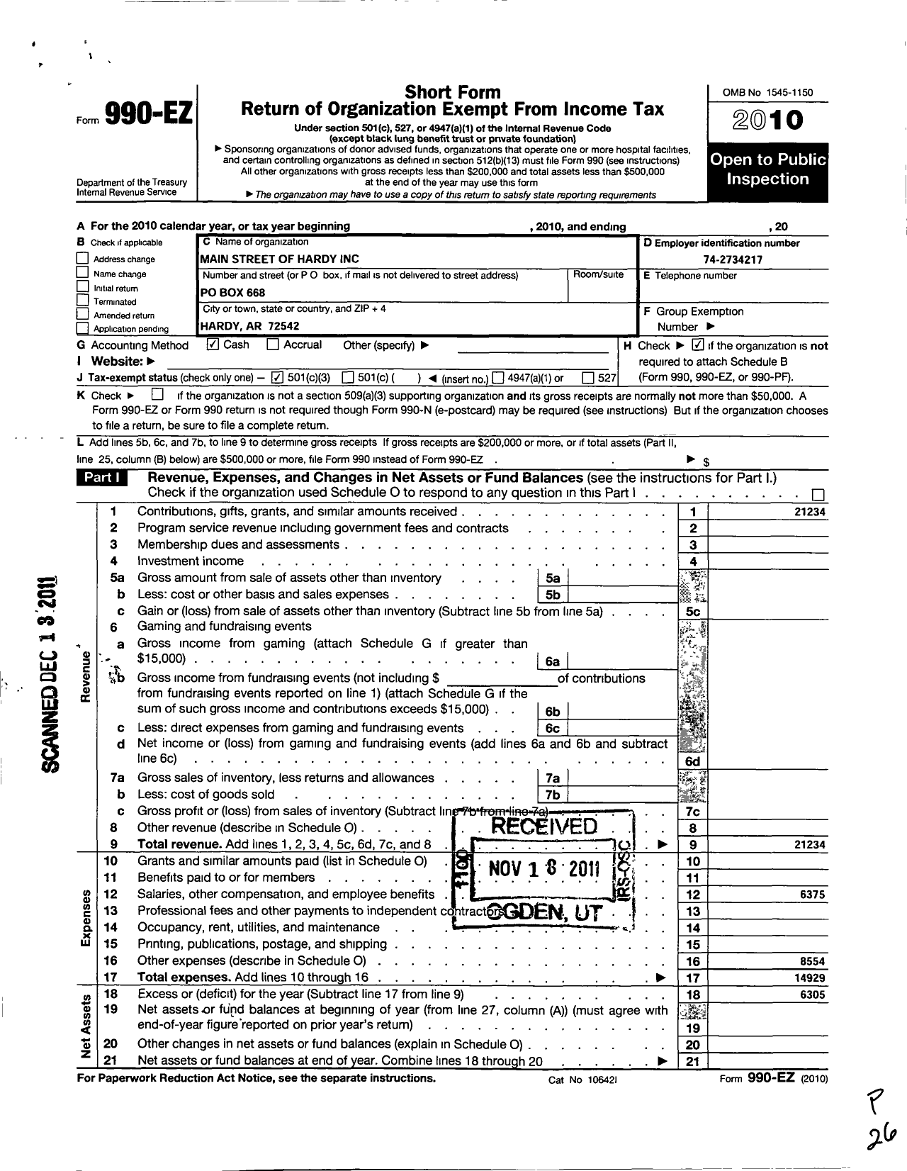 Image of first page of 2010 Form 990EZ for Main Street of Hardy