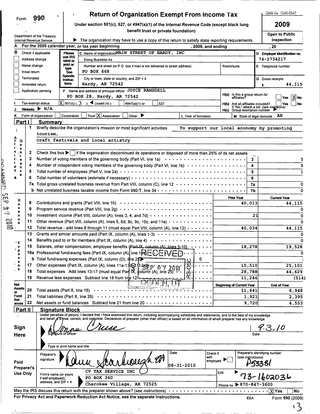 Image of first page of 2009 Form 990 for Main Street of Hardy