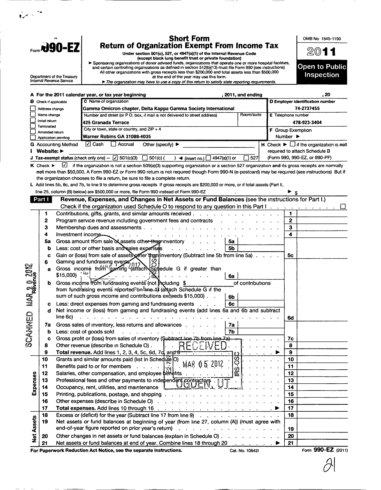 Image of first page of 2011 Form 990EZ for Delta Kappa Gamma Society - Ga Gamma Omicron Chapter