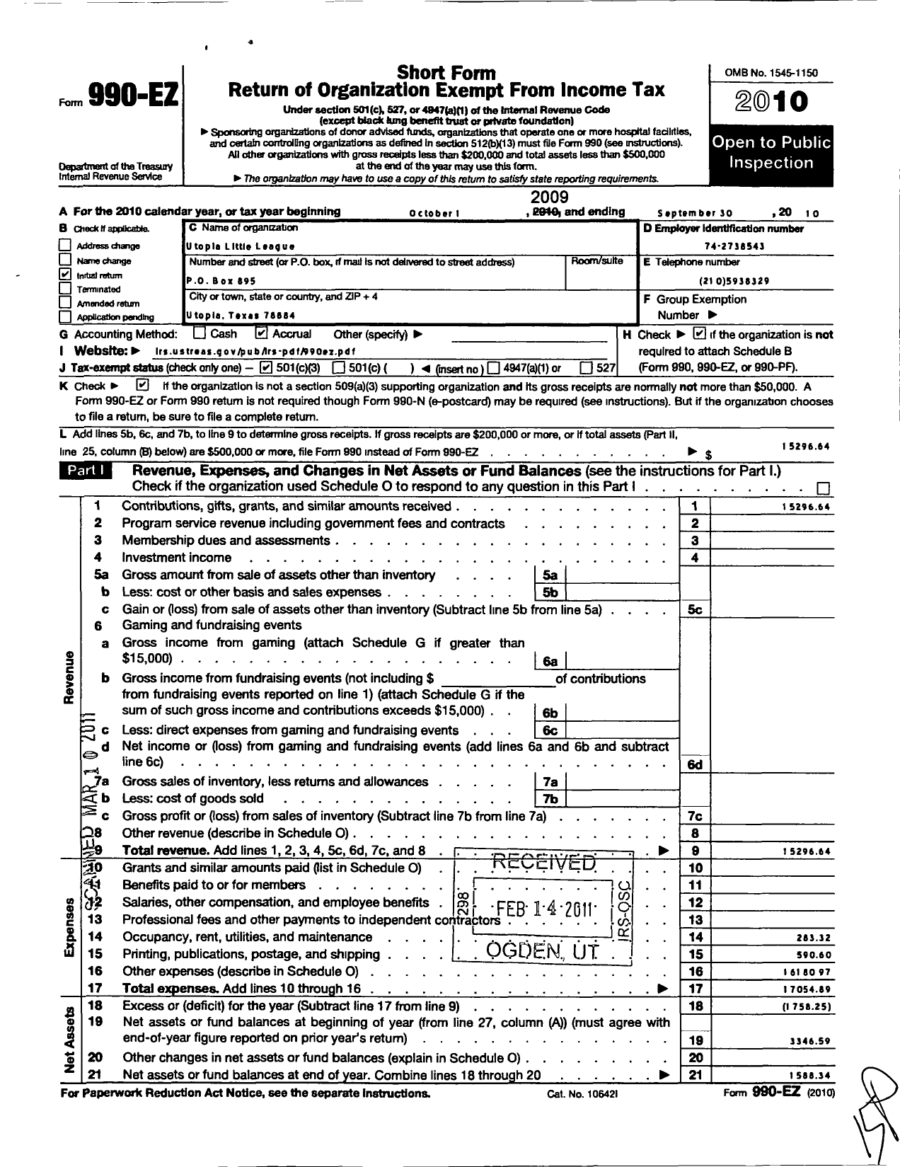 Image of first page of 2009 Form 990EZ for Little League Baseball - 3432125 Utopia LL