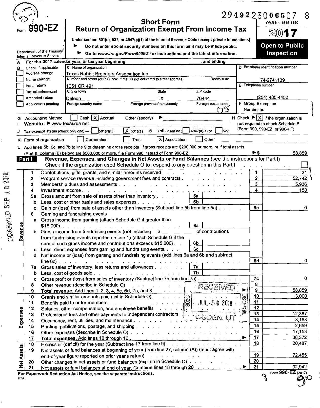 Image of first page of 2017 Form 990EO for Texas Rabbit Breeders Association