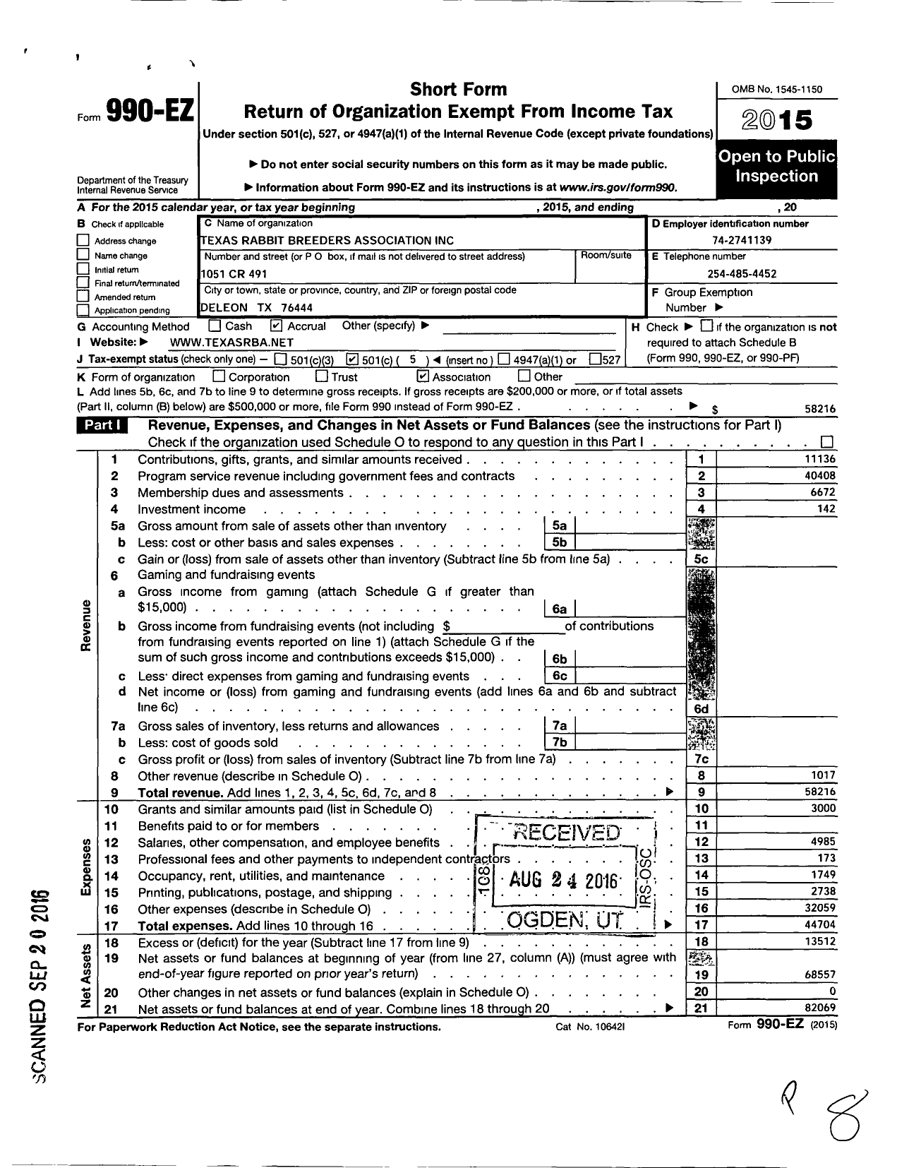 Image of first page of 2015 Form 990EO for Texas Rabbit Breeders Association