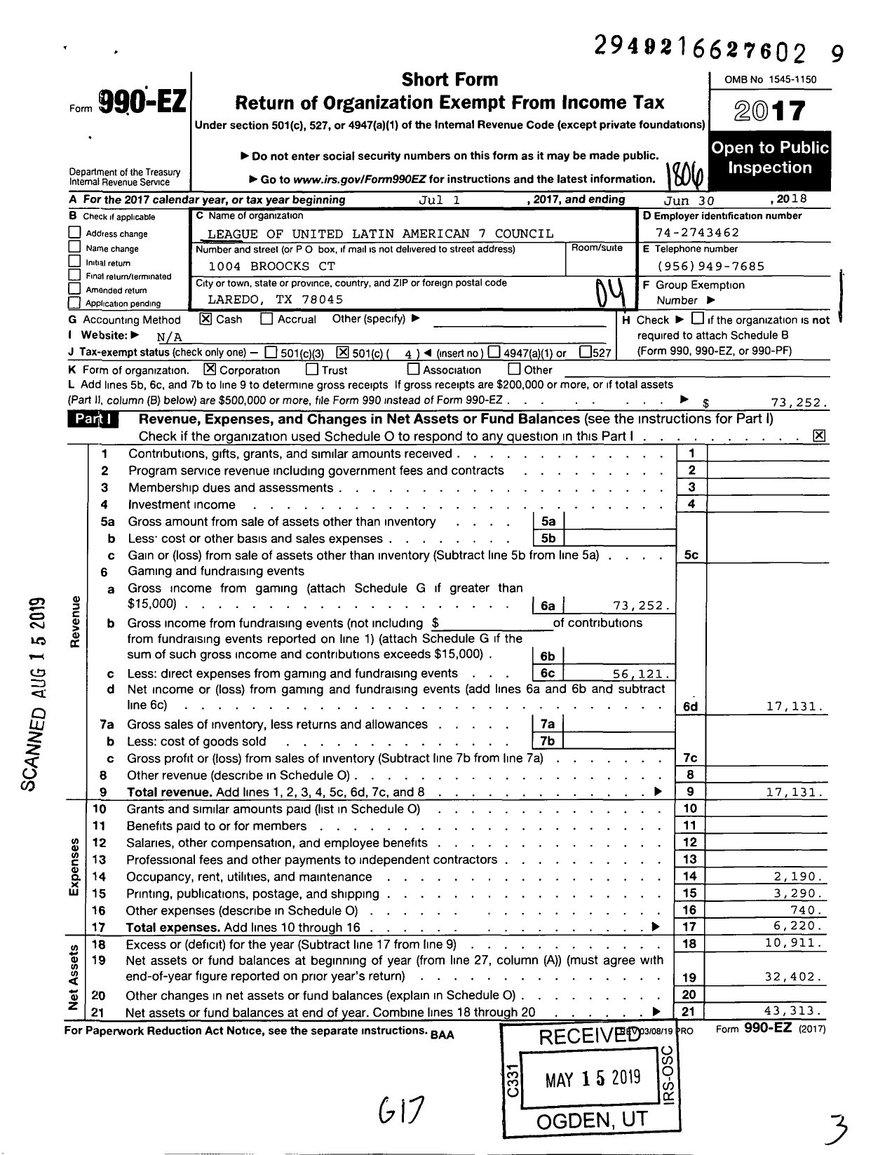 Image of first page of 2017 Form 990EO for League of United Latin American Citizens - 7 Council