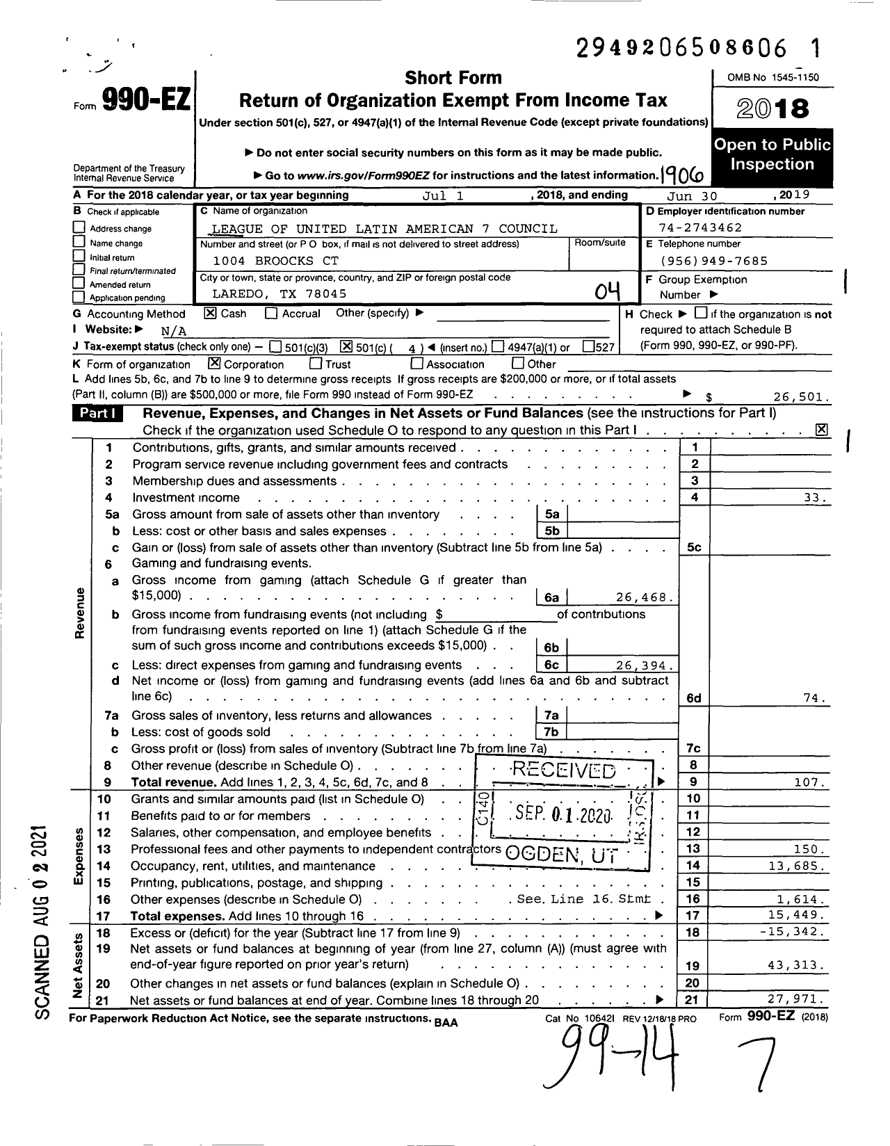 Image of first page of 2018 Form 990EO for League of United Latin American Citizens - 7 Council