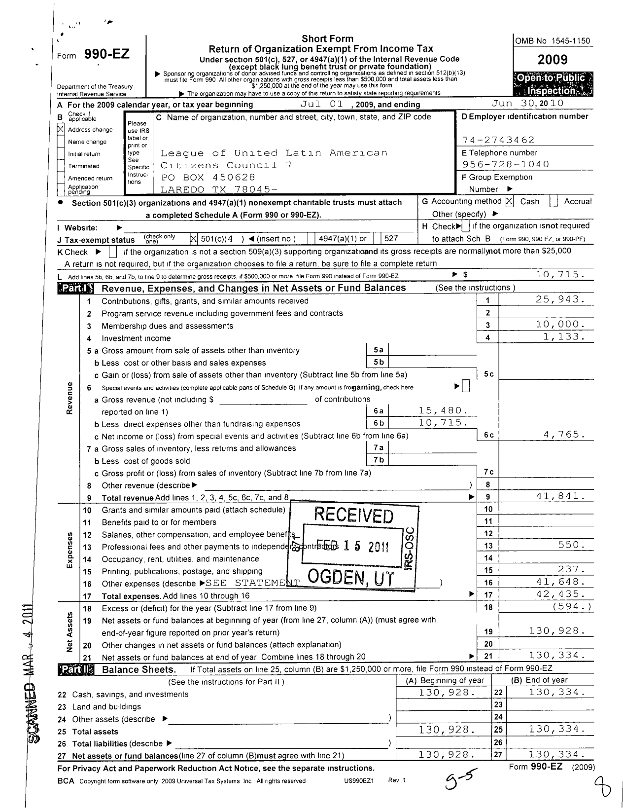 Image of first page of 2009 Form 990EO for League of United Latin American Citizens - 7 Council