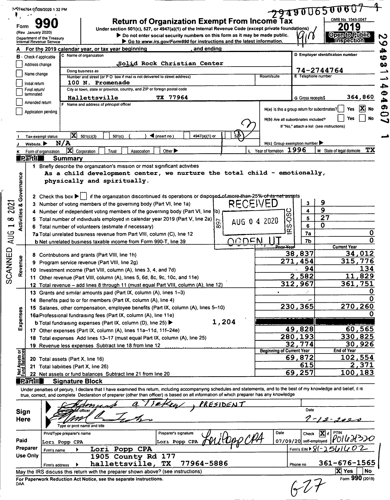 Image of first page of 2019 Form 990 for Solid Rock Christian Center