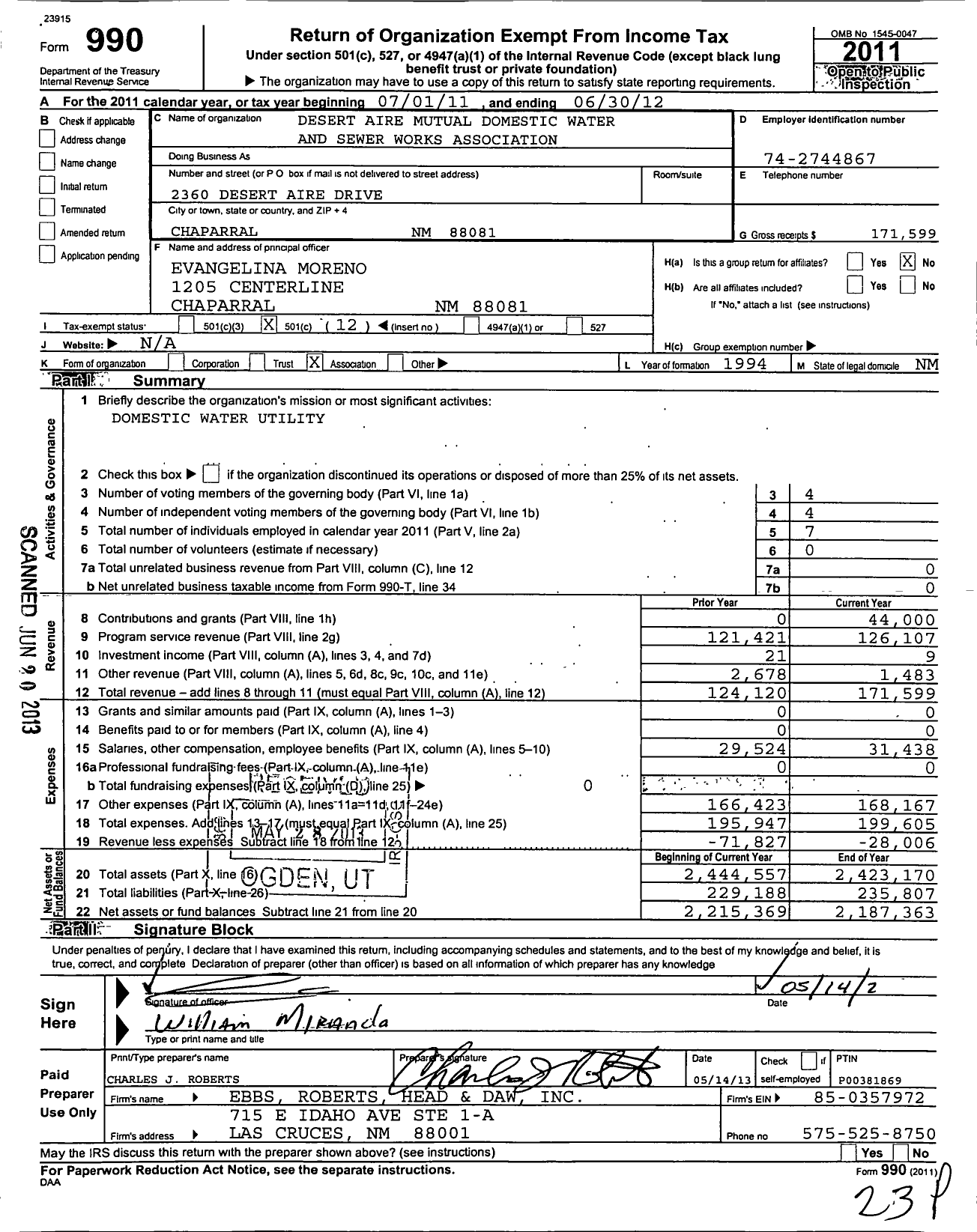 Image of first page of 2011 Form 990O for Desert Aire Mutual Domestic Water and Sewer Works Association