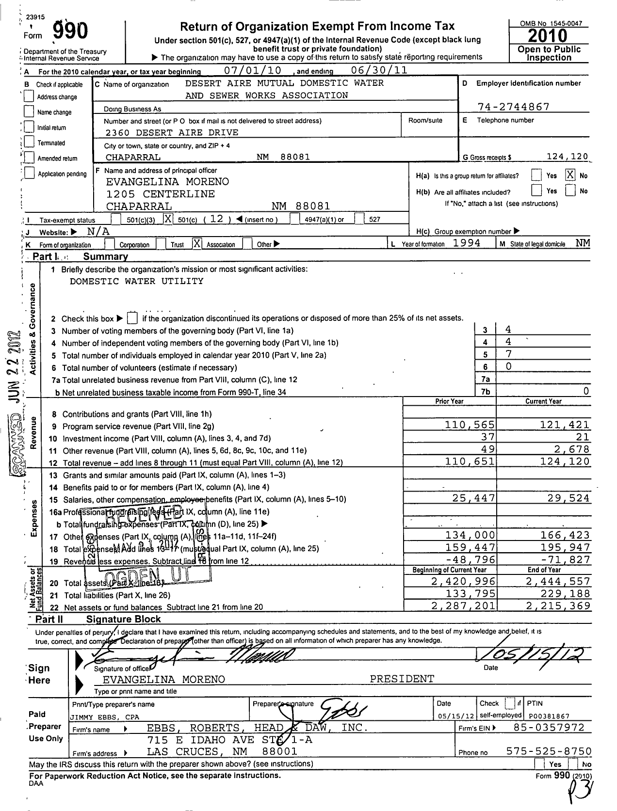 Image of first page of 2010 Form 990O for Desert Aire Mutual Domestic Water and Sewer Works Association