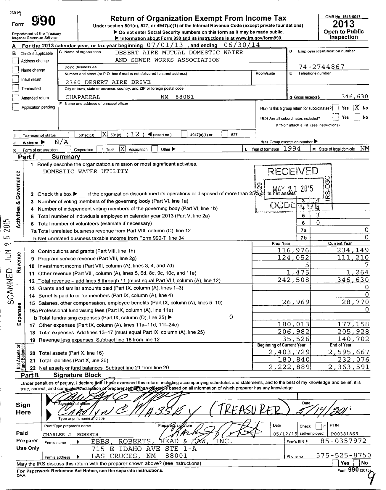 Image of first page of 2013 Form 990O for Desert Aire Mutual Domestic Water and Sewer Works Association