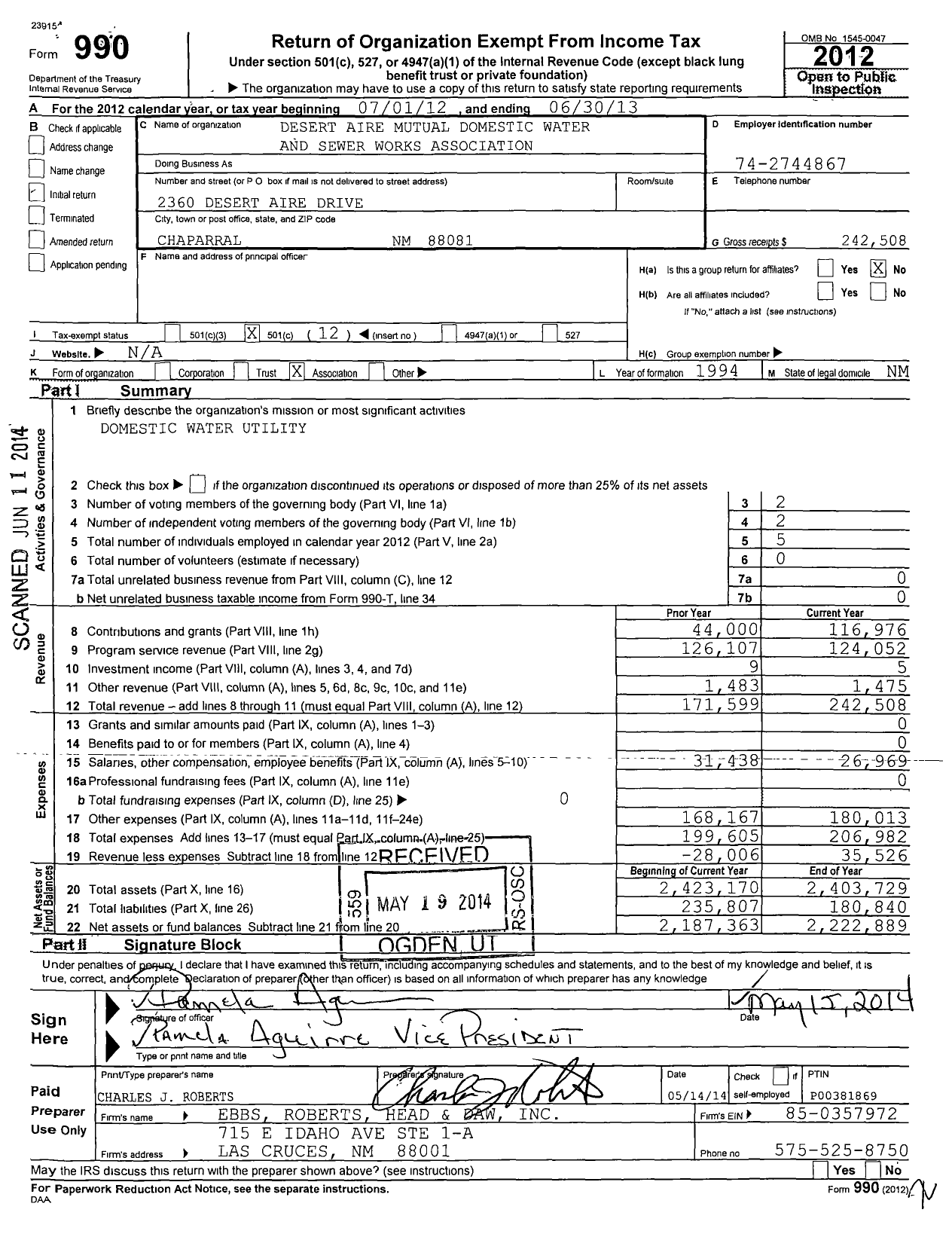 Image of first page of 2012 Form 990O for Desert Aire Mutual Domestic Water and Sewer Works Association