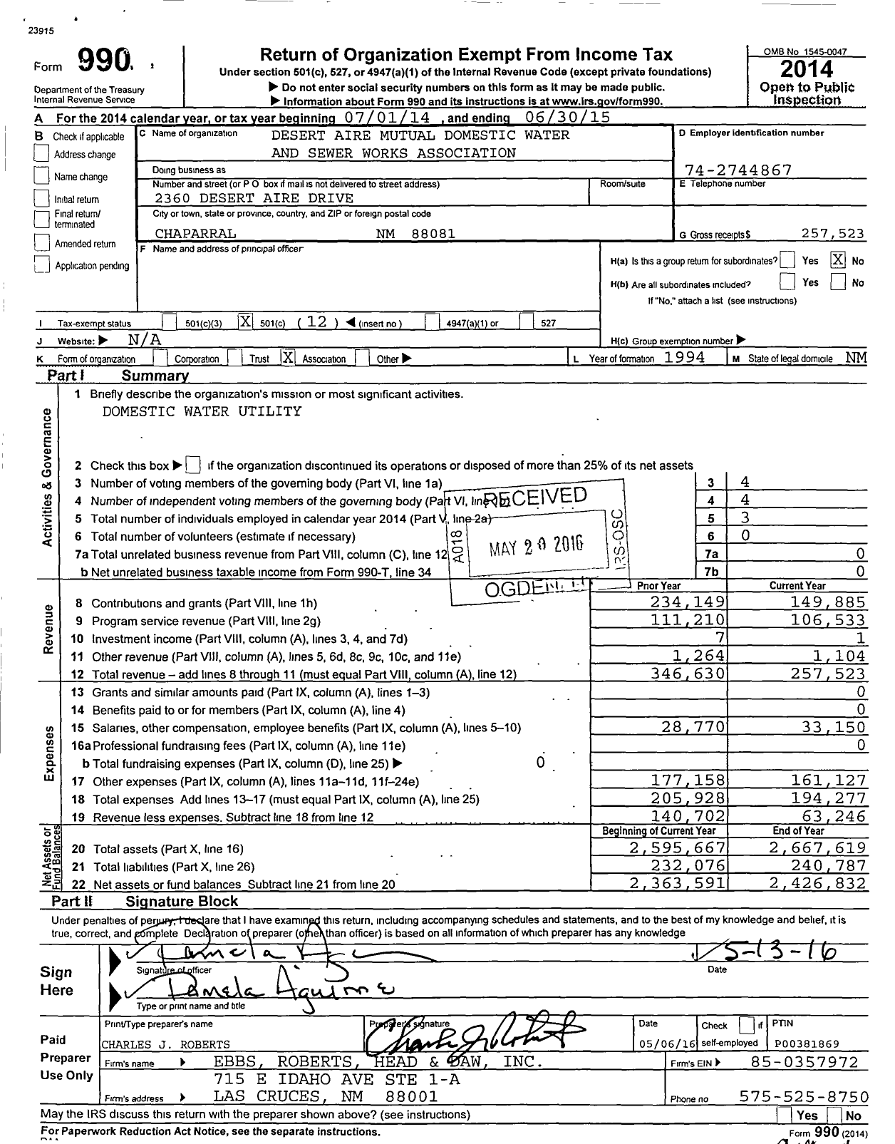 Image of first page of 2014 Form 990O for Desert Aire Mutual Domestic Water and Sewer Works Association