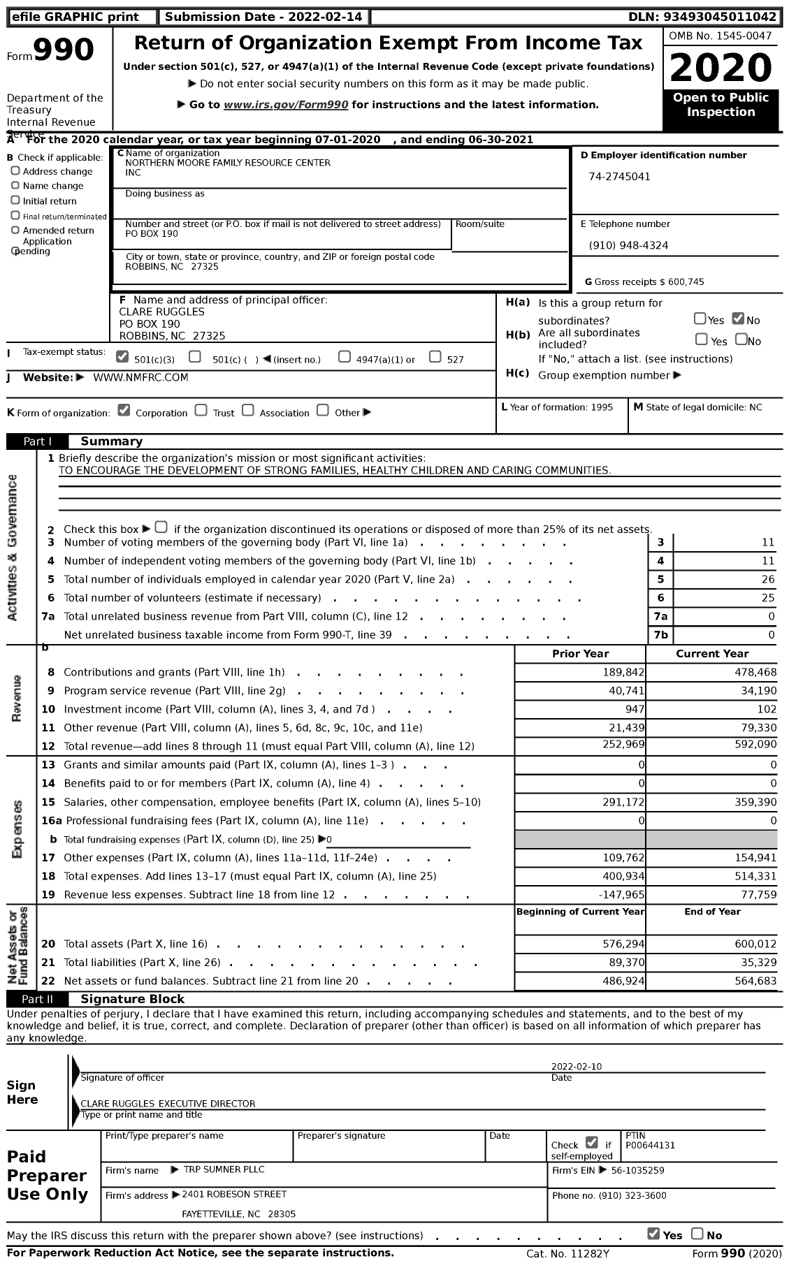 Image of first page of 2020 Form 990 for Northern Moore Family Resource Center