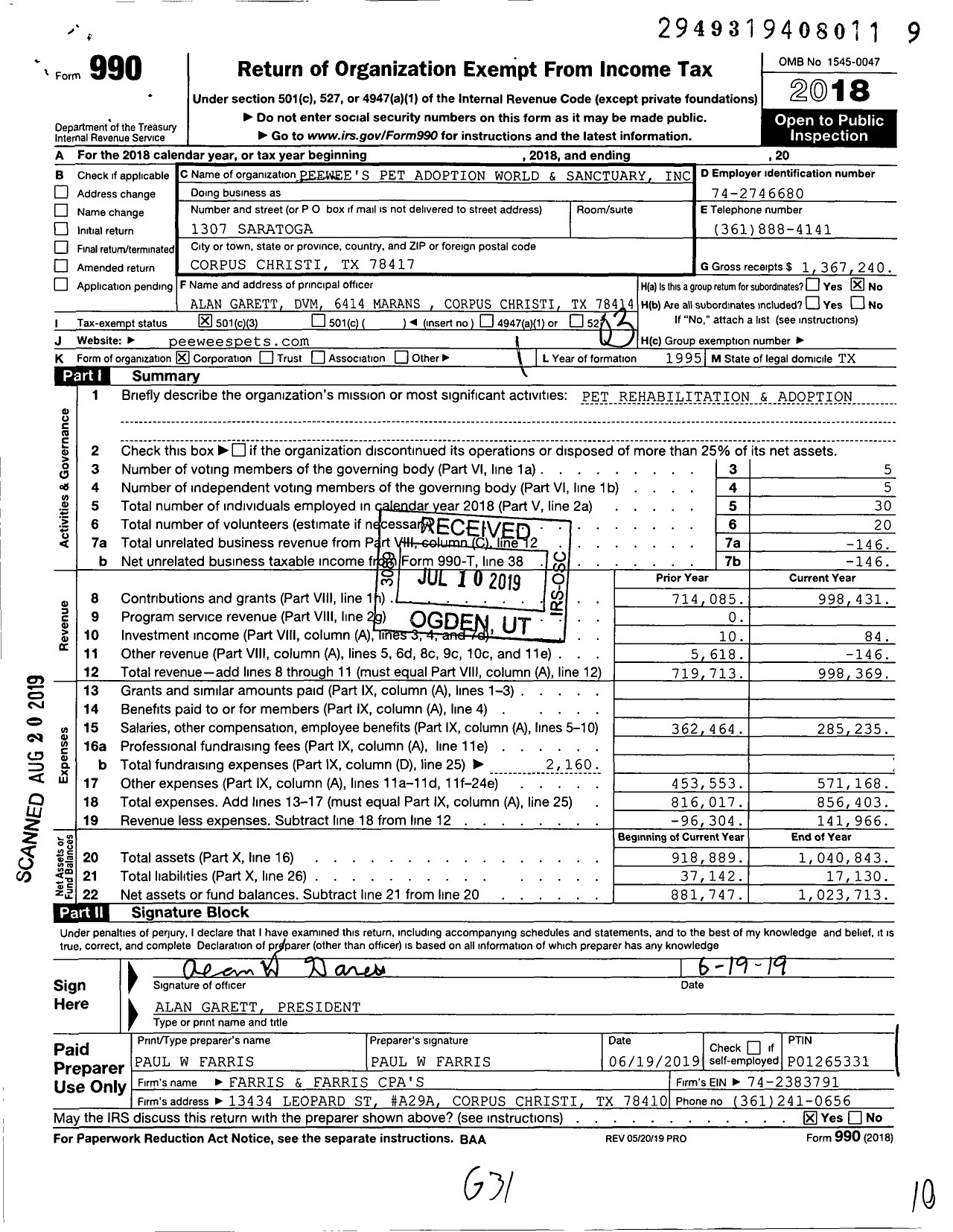 Image of first page of 2018 Form 990 for Peewee's Pet Adoption World and Sanctuary