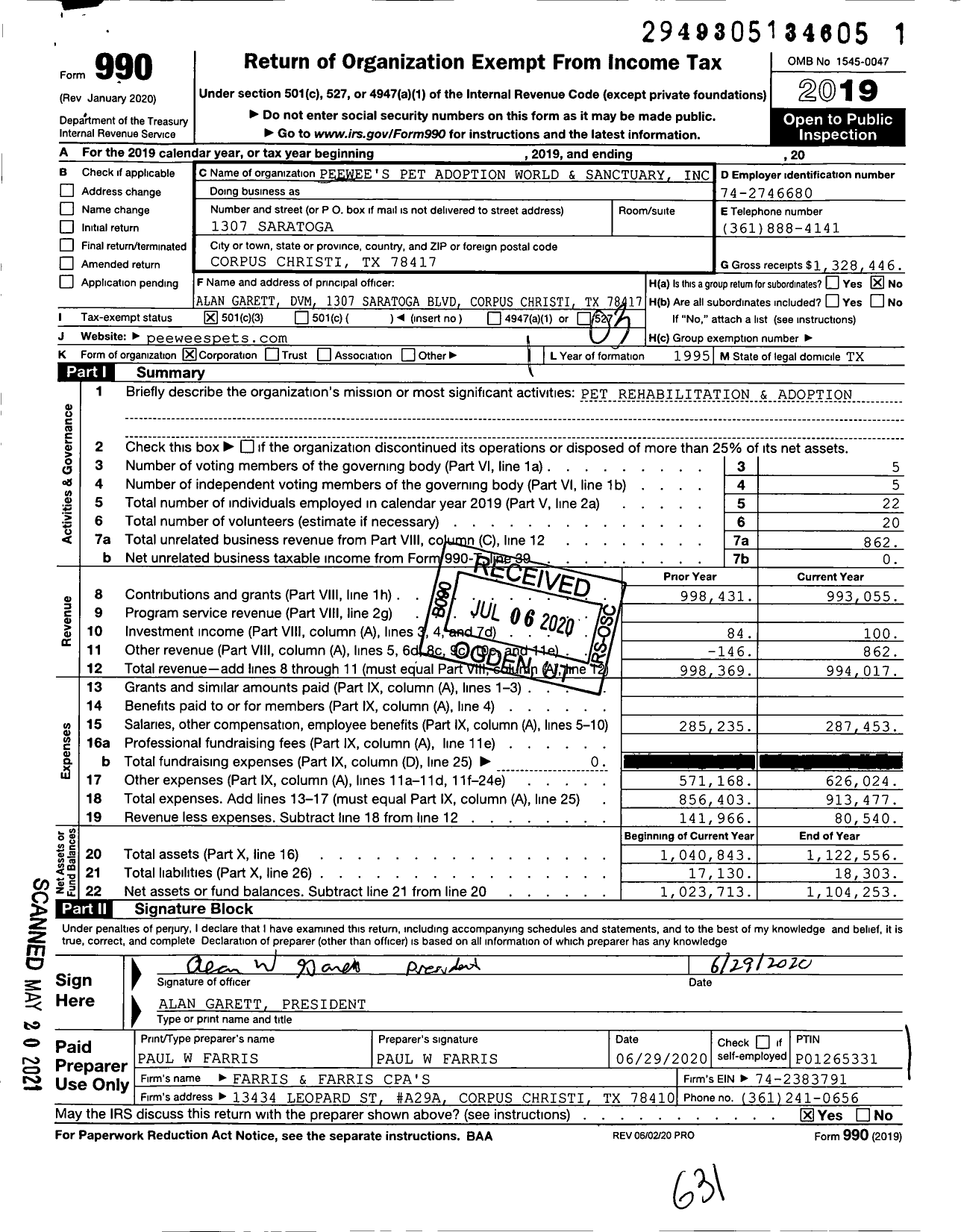 Image of first page of 2019 Form 990 for Peewee's Pet Adoption World and Sanctuary