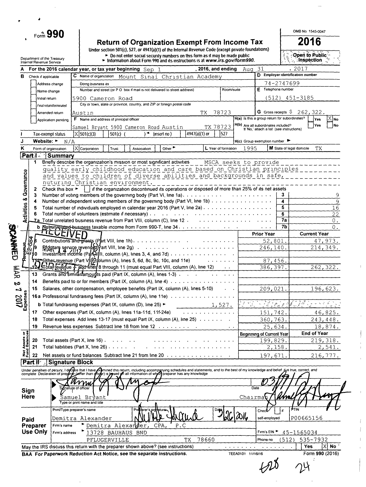 Image of first page of 2016 Form 990 for Mount Sinai Christian Academy