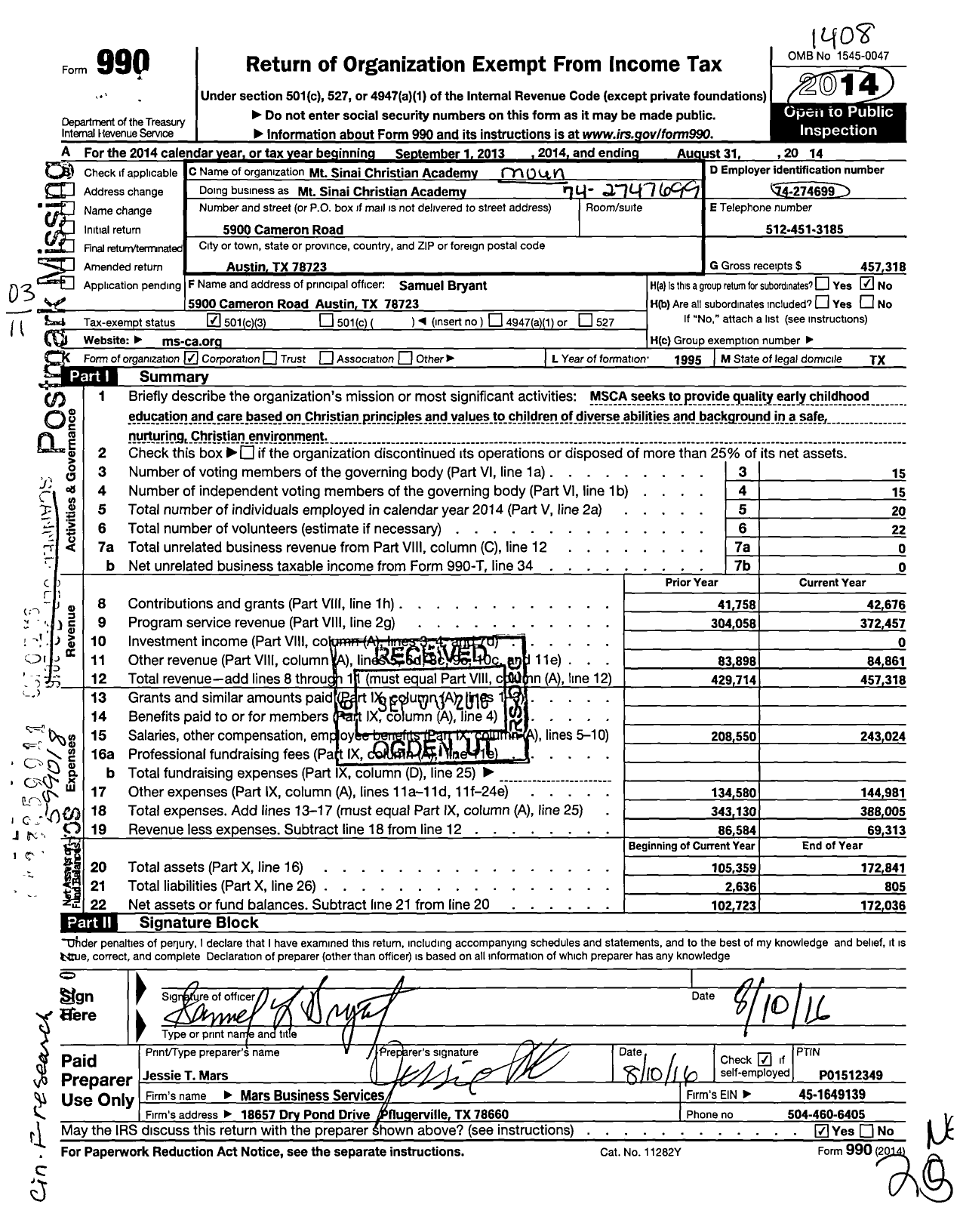 Image of first page of 2013 Form 990 for Mount Sinai Christian Academy