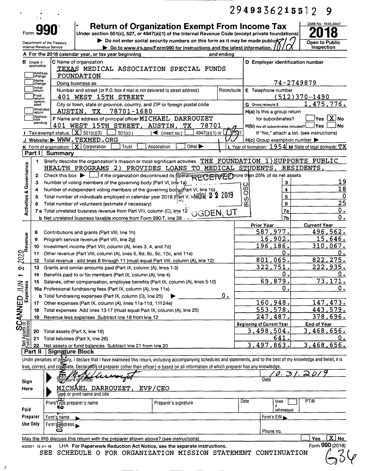 Image of first page of 2018 Form 990 for Texas Medical Association Special Funds Foundation