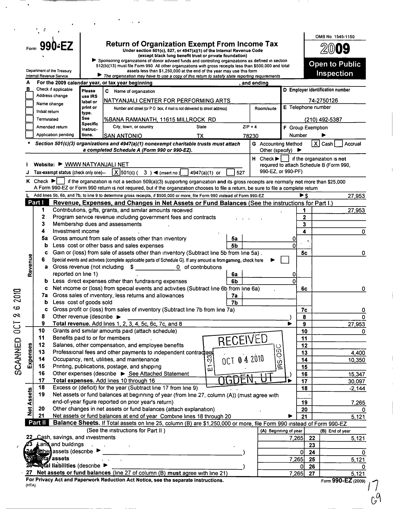 Image of first page of 2009 Form 990EZ for Natyanjali Center for Performing Arts