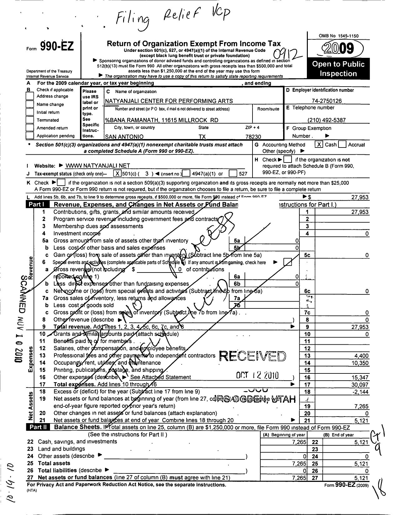 Image of first page of 2009 Form 990EZ for Natyanjali Center for Performing Arts