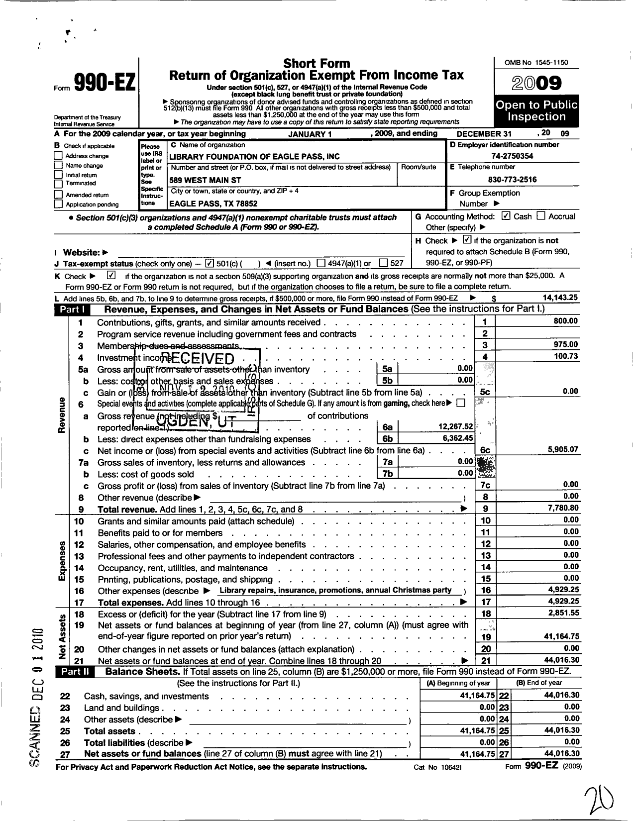 Image of first page of 2009 Form 990EO for Library Foundation Of Eagle Pass