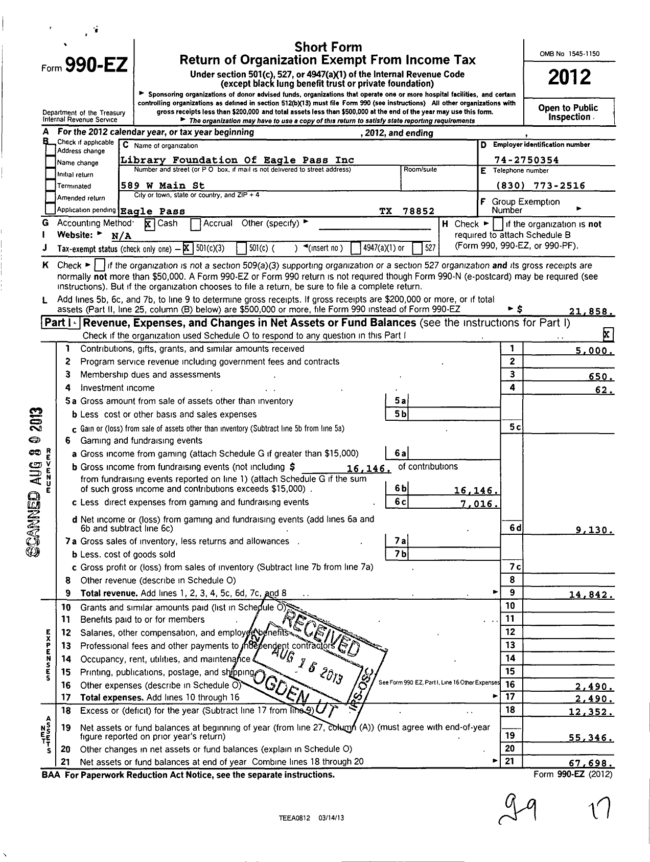 Image of first page of 2012 Form 990EZ for Library Foundation Of Eagle Pass