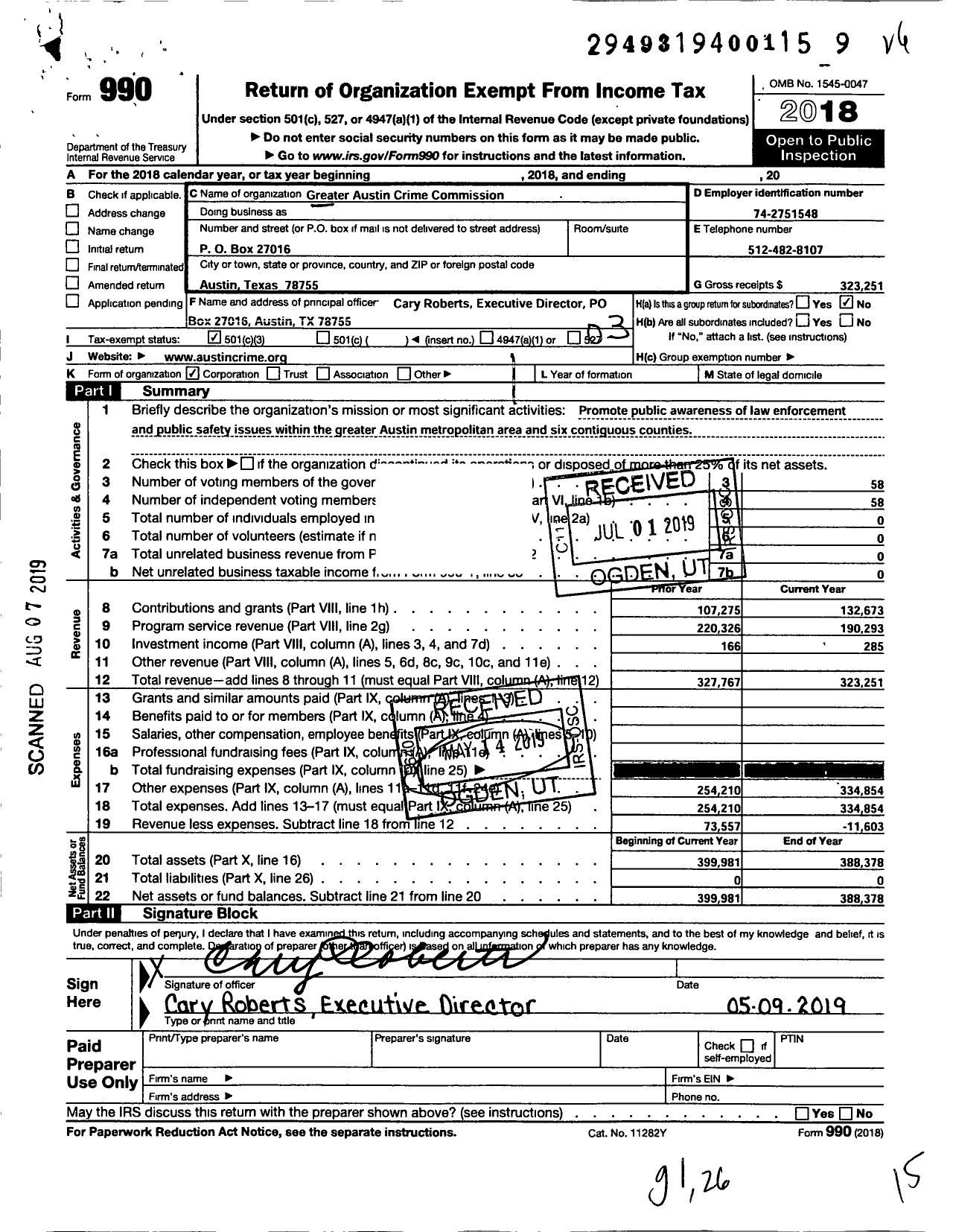 Image of first page of 2018 Form 990 for Greater Austin Crime Commission