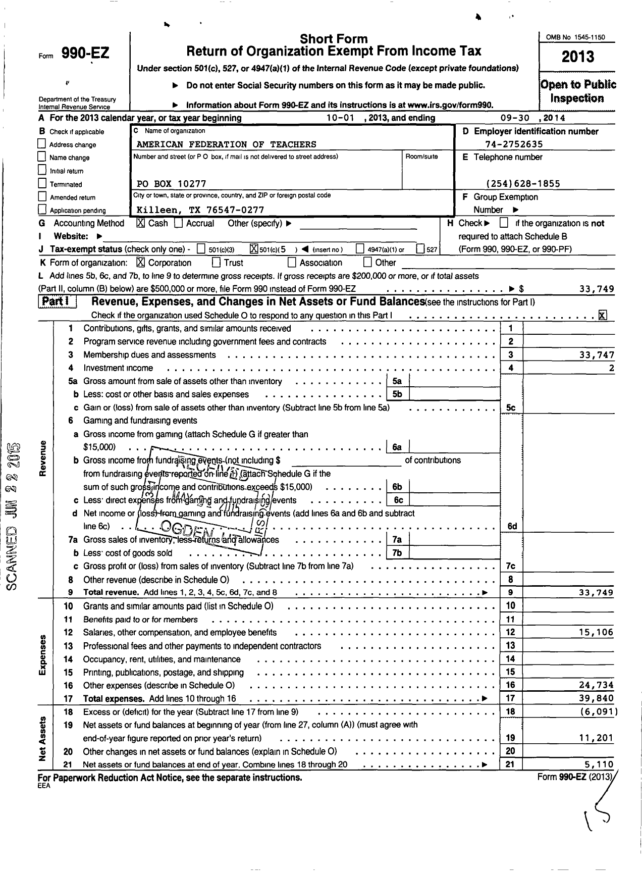 Image of first page of 2013 Form 990EO for American Federation of Teachers - American Federation of Teachers