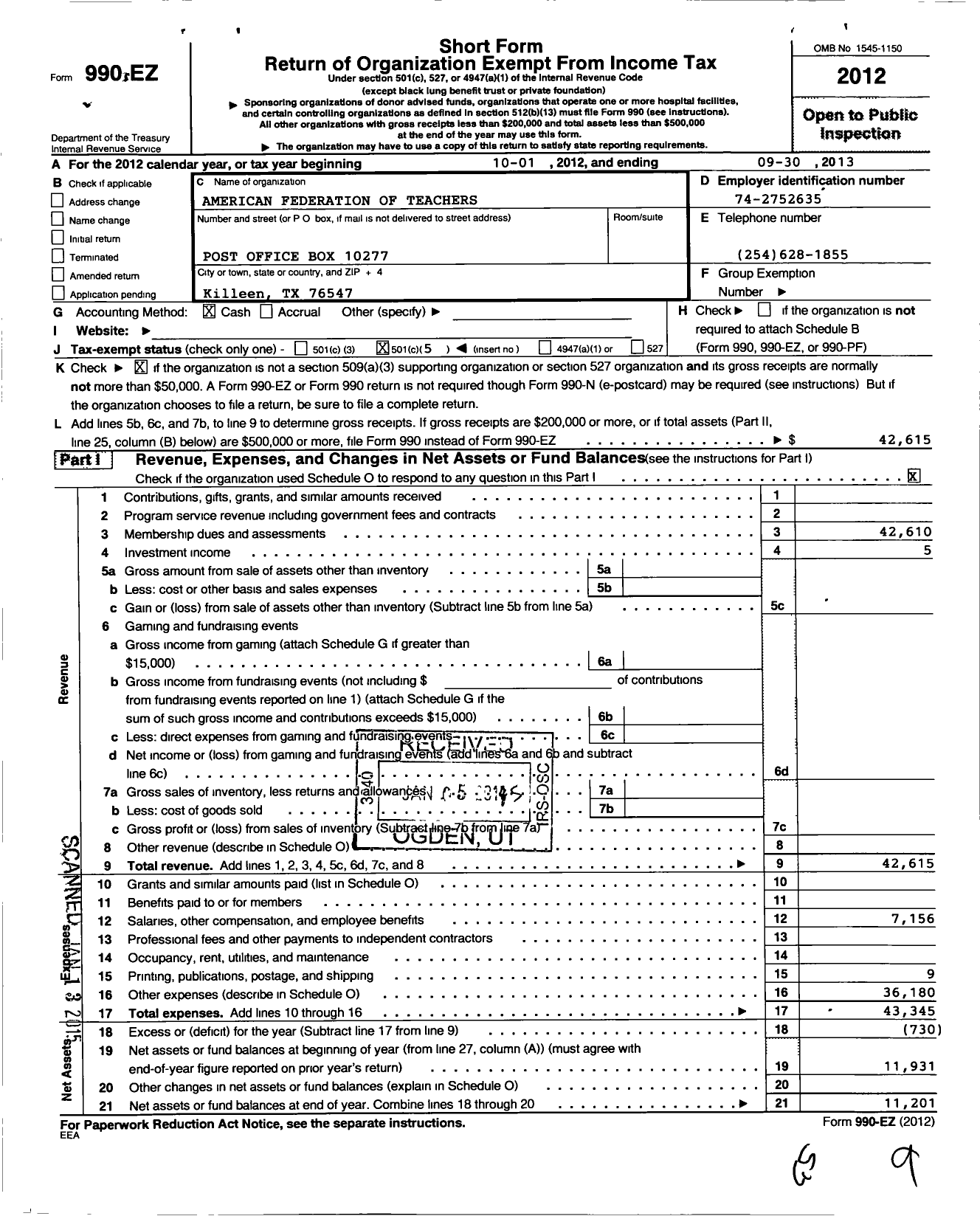 Image of first page of 2012 Form 990EO for American Federation of Teachers - American Federation of Teachers