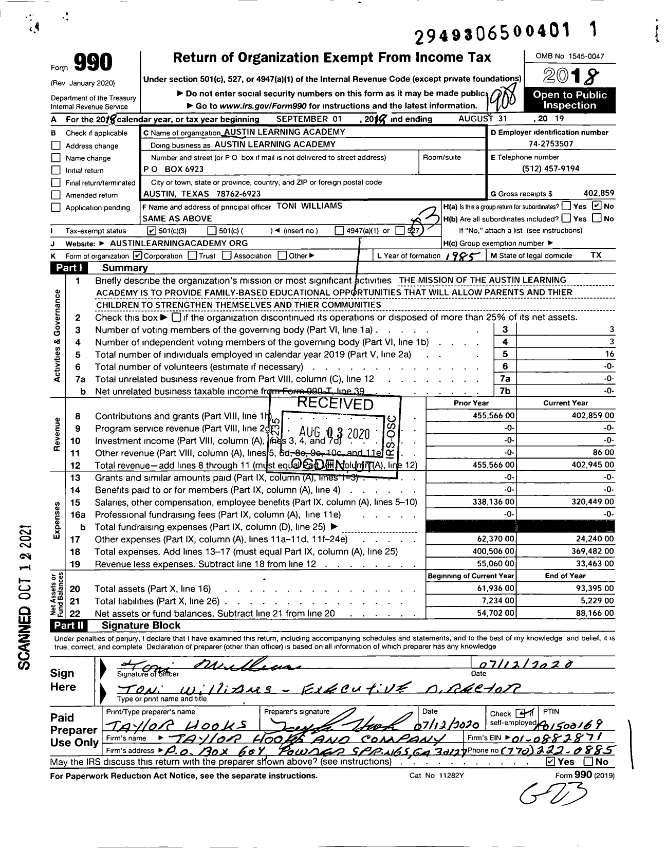 Image of first page of 2018 Form 990 for Austin Learning Academy
